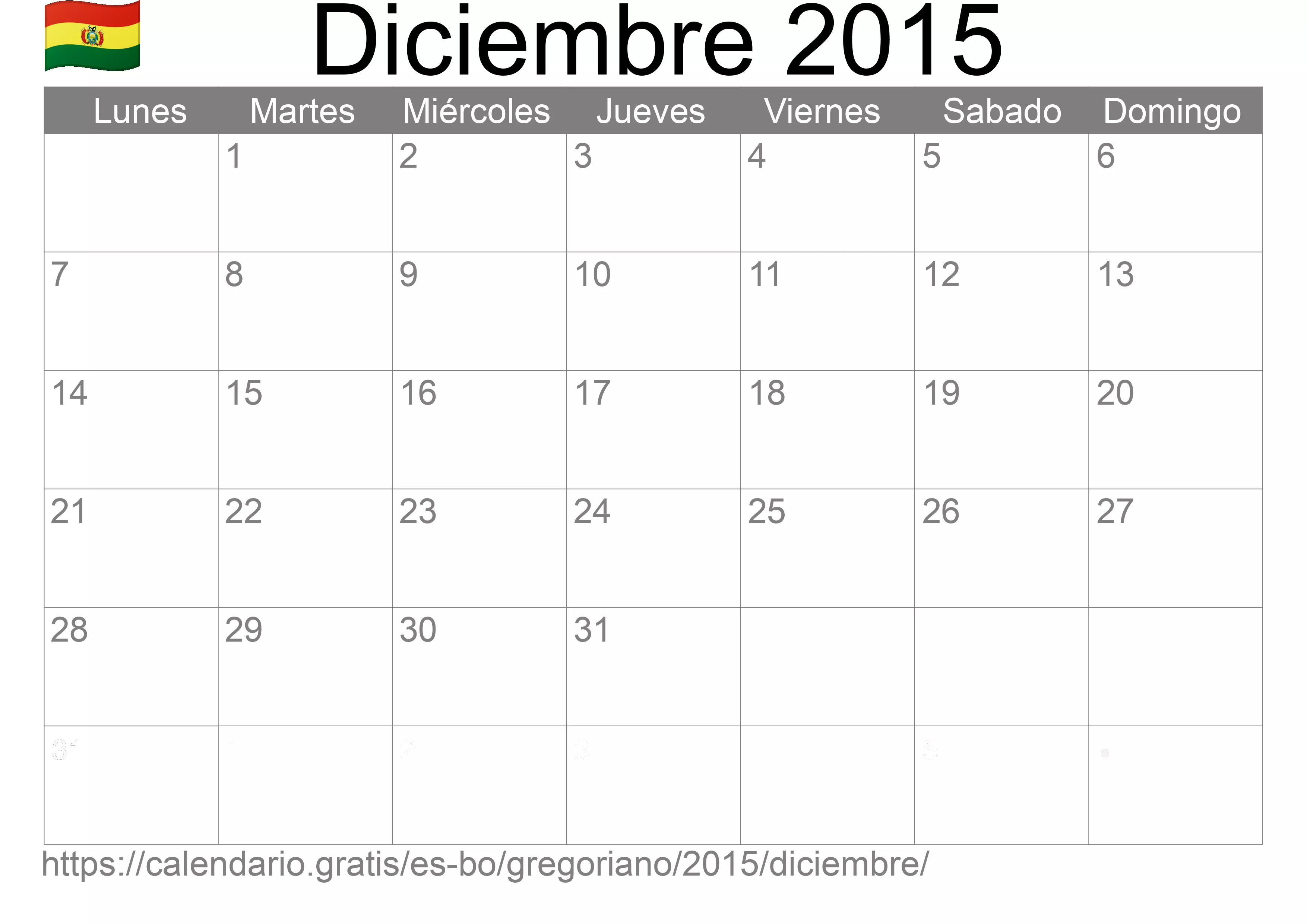 Calendario Diciembre 2015 para imprimir (Bolivia)