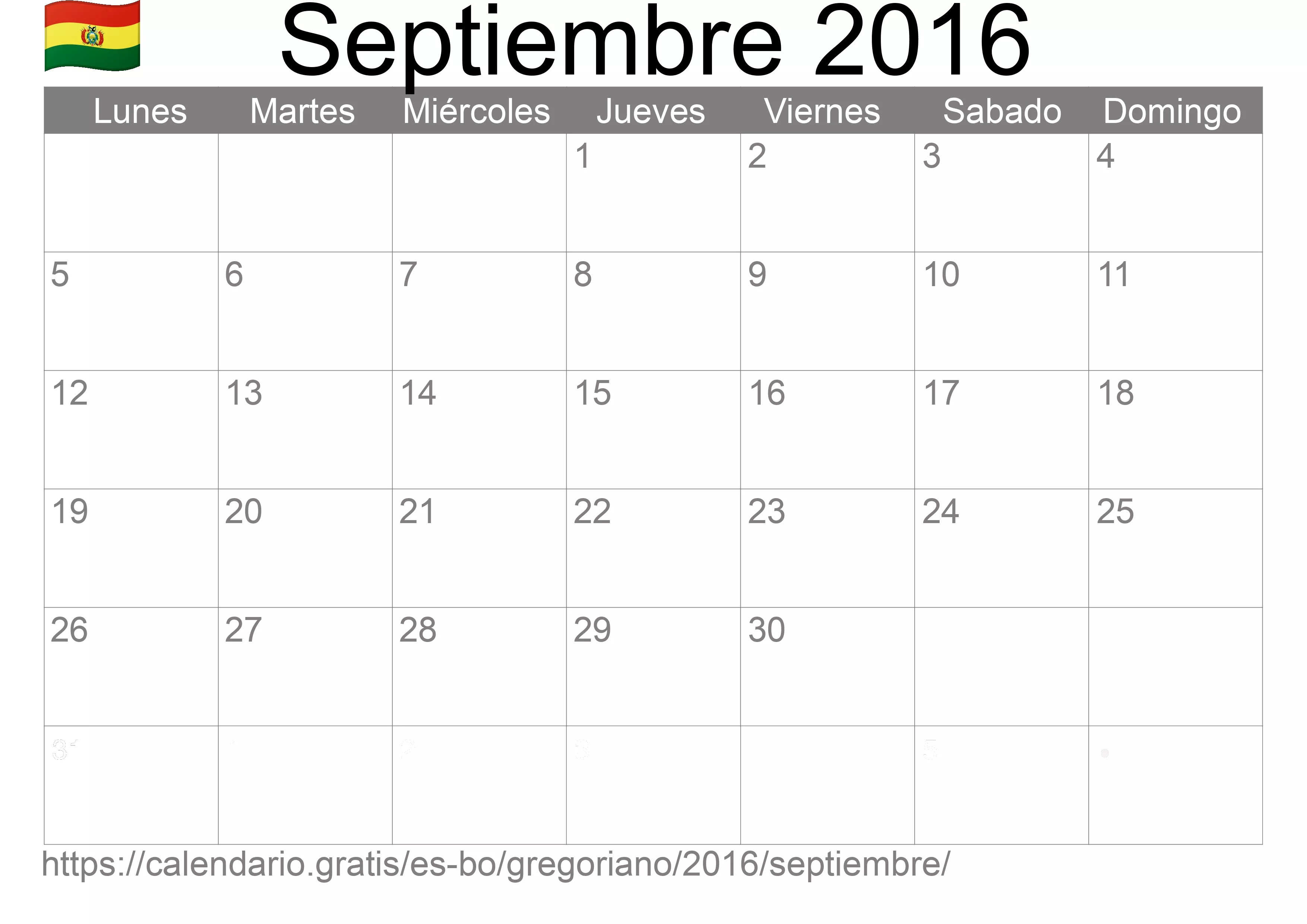 Calendario Septiembre 2016 para imprimir (Bolivia)