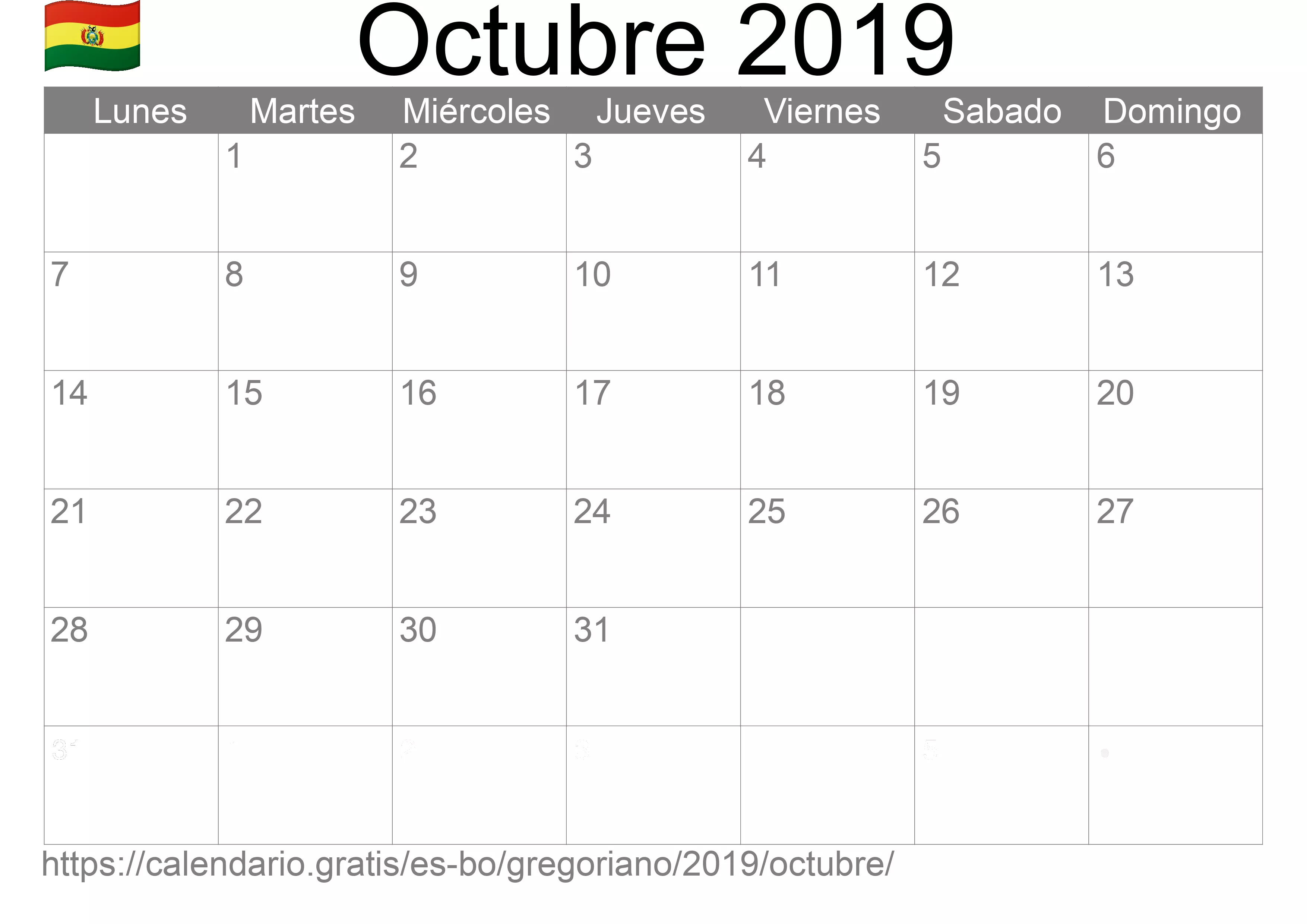 Calendario Octubre 2019 para imprimir (Bolivia)