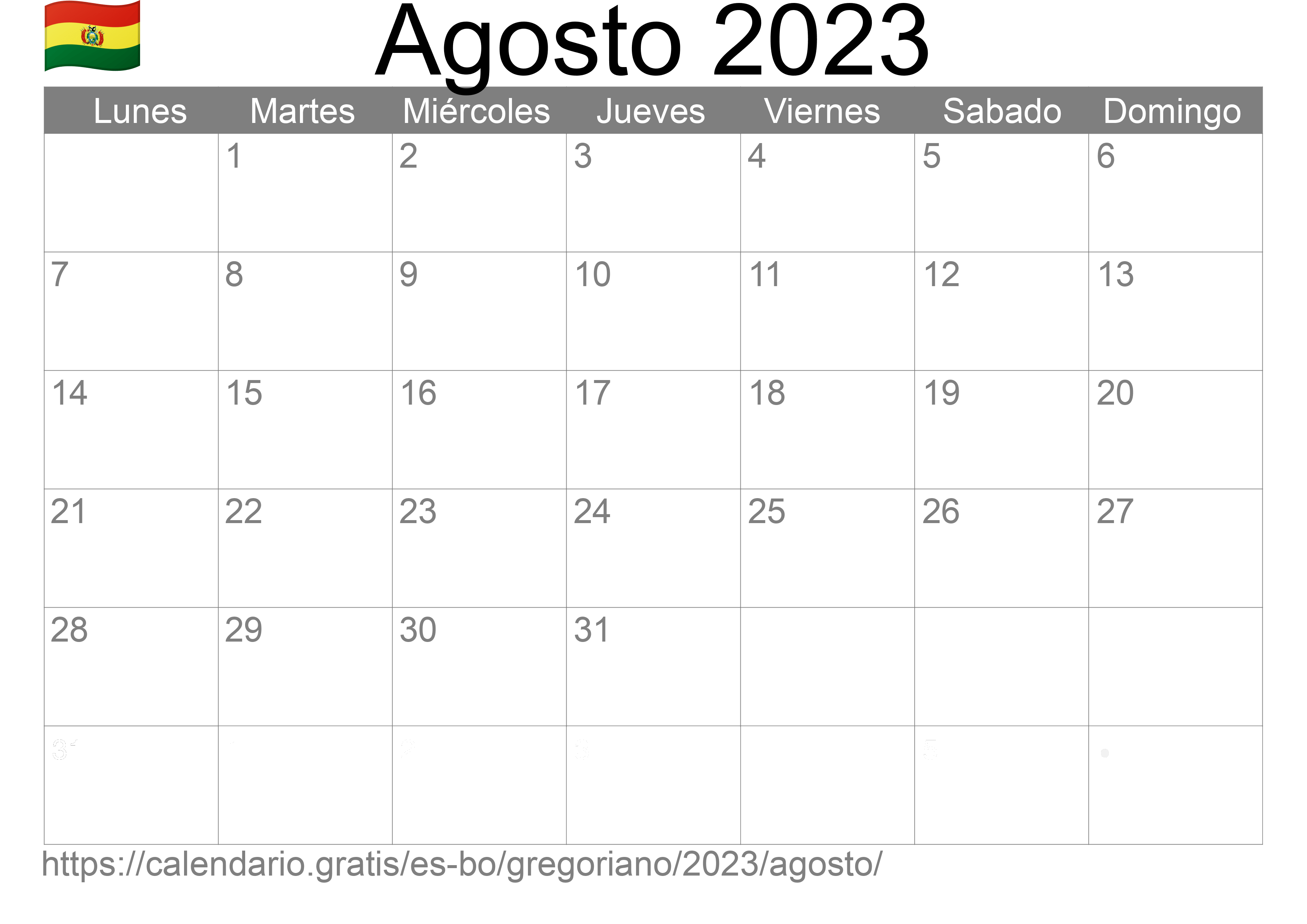 Calendario Agosto 2023 para imprimir