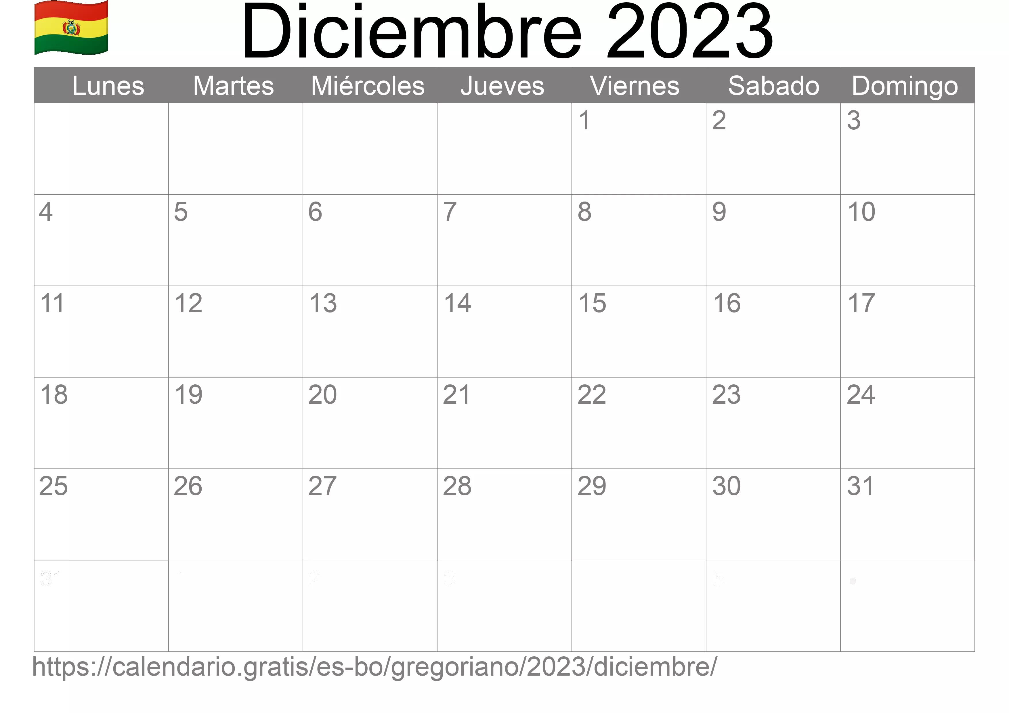 Calendario Diciembre 2023 para imprimir (Bolivia)