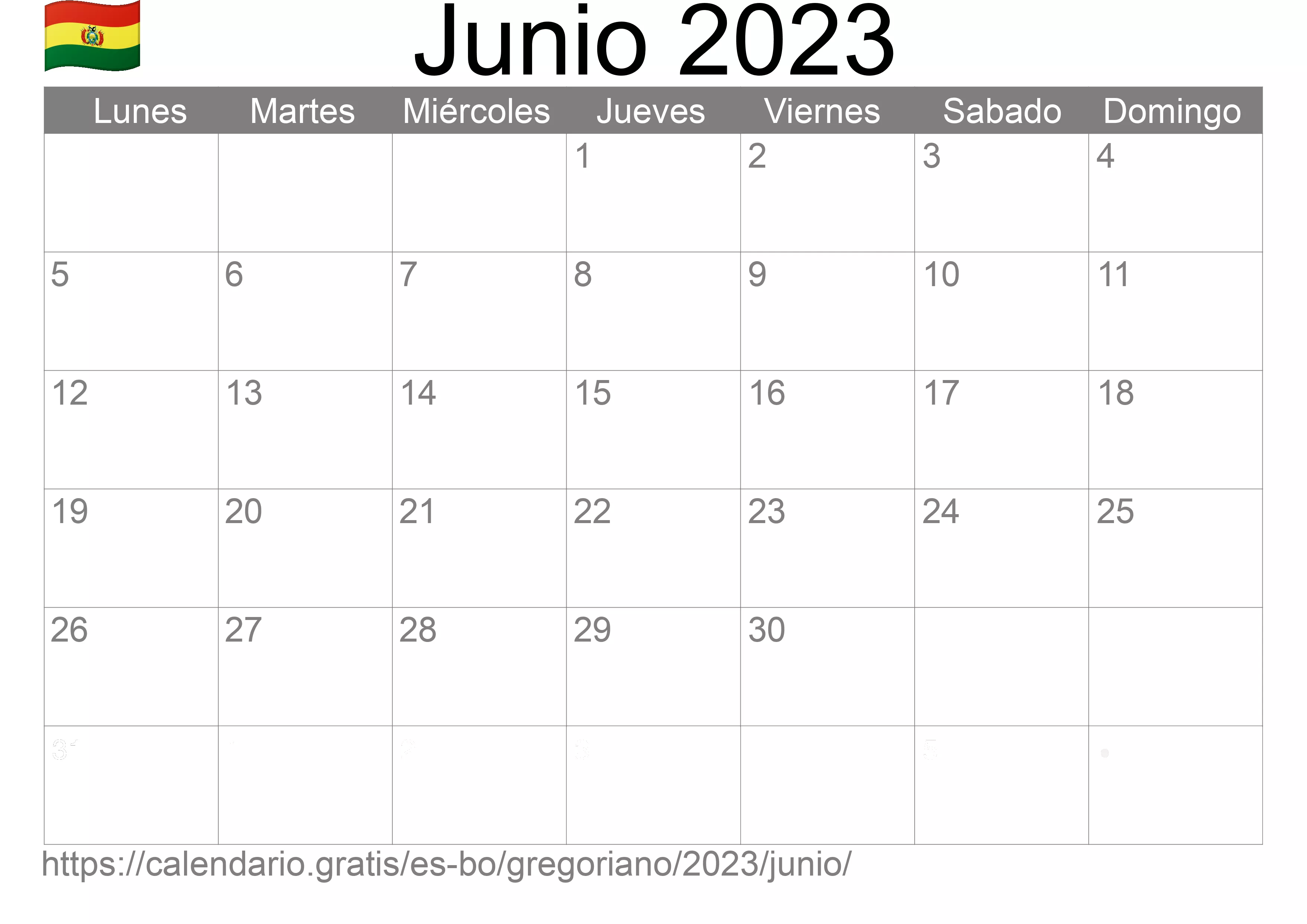 Calendario Junio 2023 para imprimir (Bolivia)