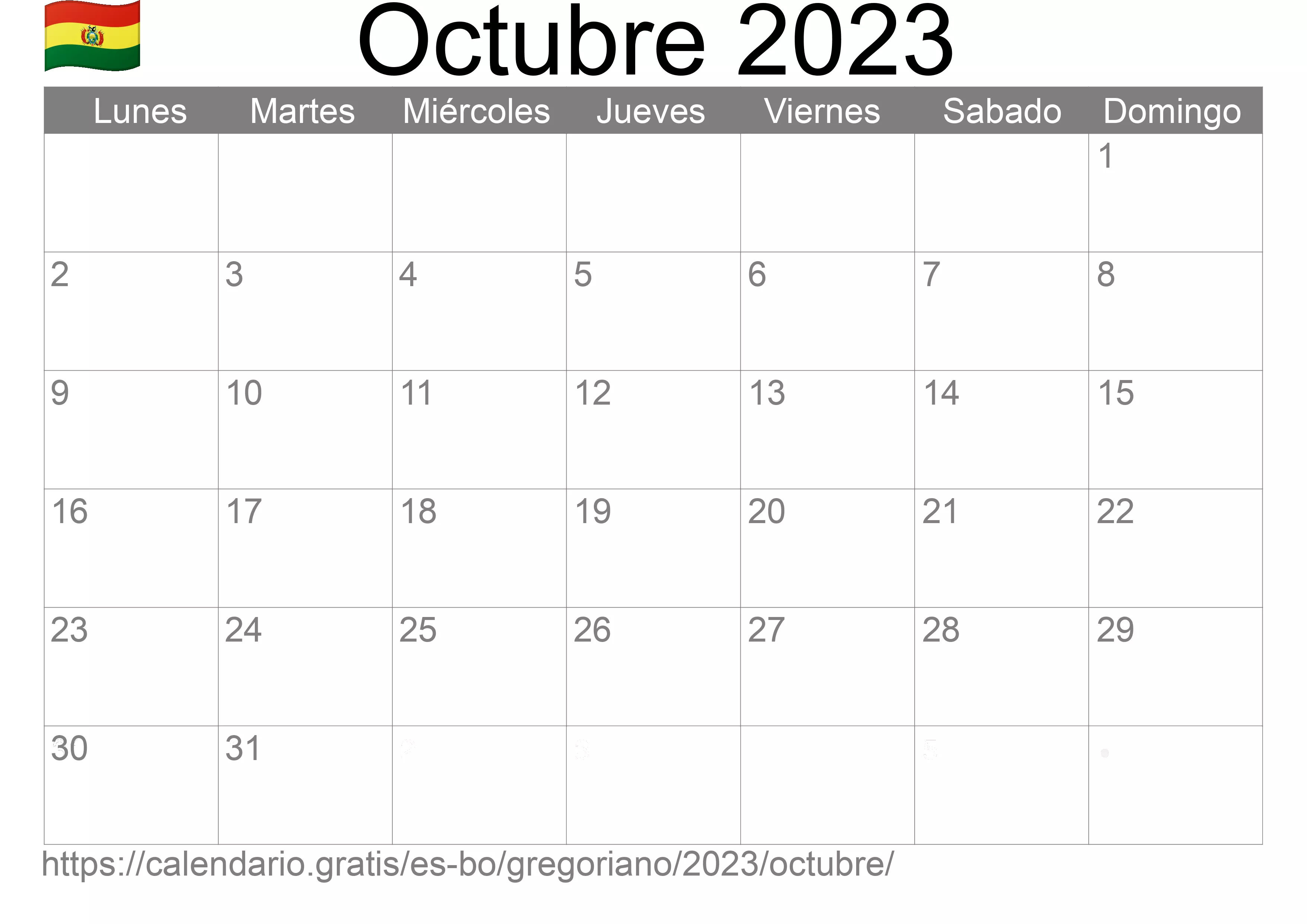 Calendario Octubre 2023 para imprimir (Bolivia)
