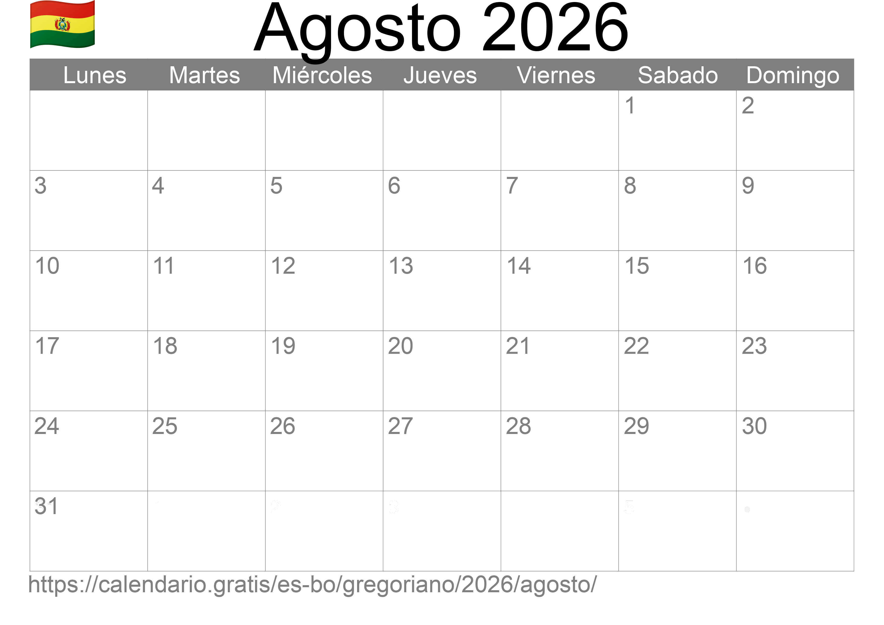 Calendario Agosto 2026 para imprimir