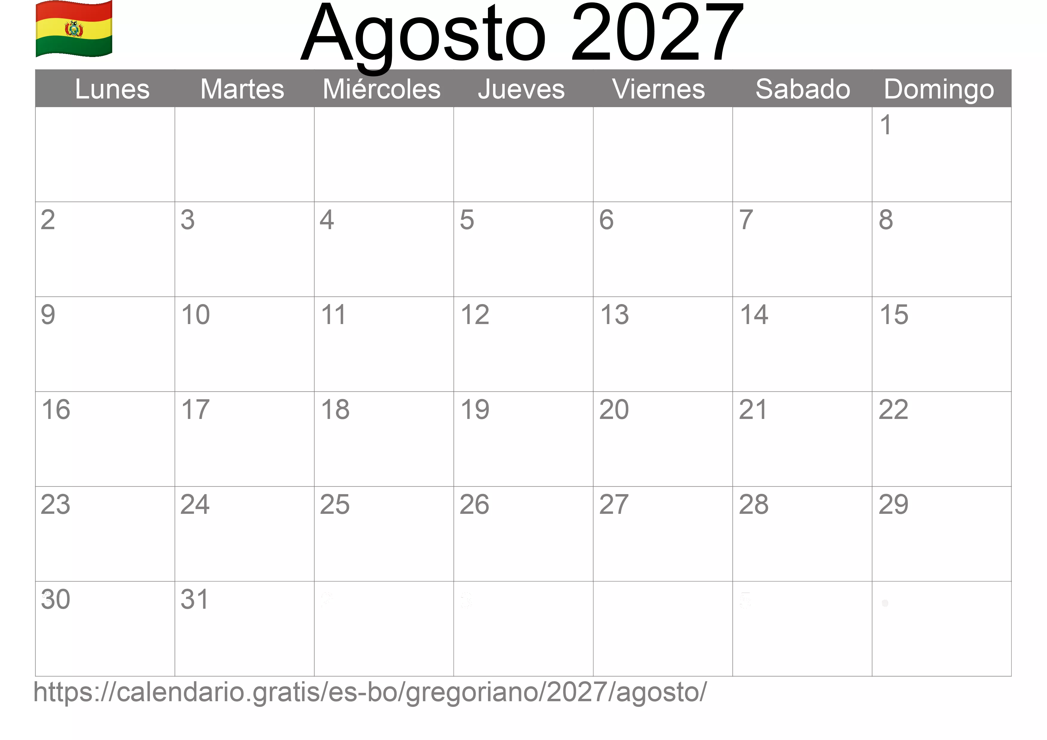 Calendario Agosto 2027 para imprimir (Bolivia)