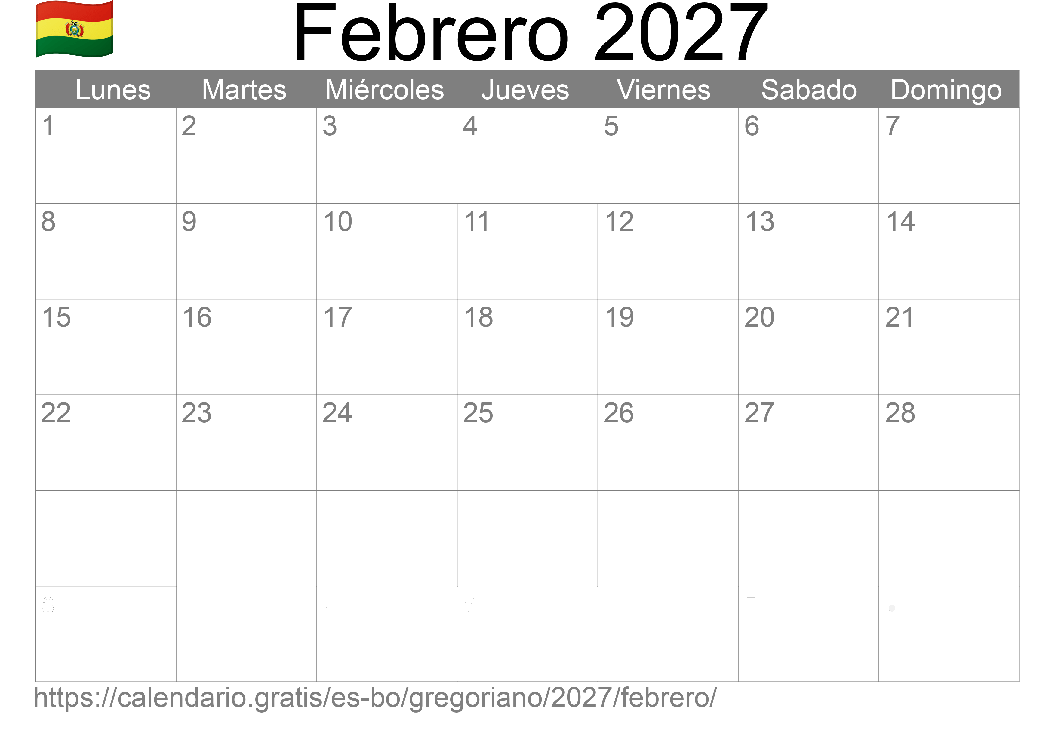 Calendario Febrero 2027 para imprimir