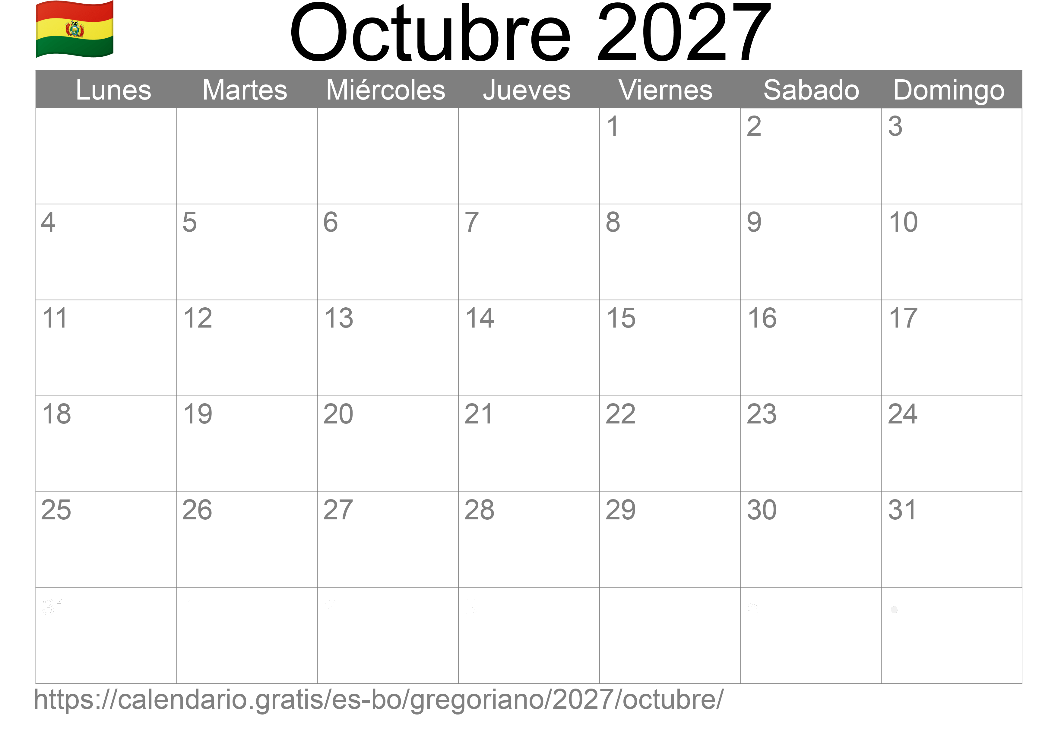 Calendario Octubre 2027 para imprimir