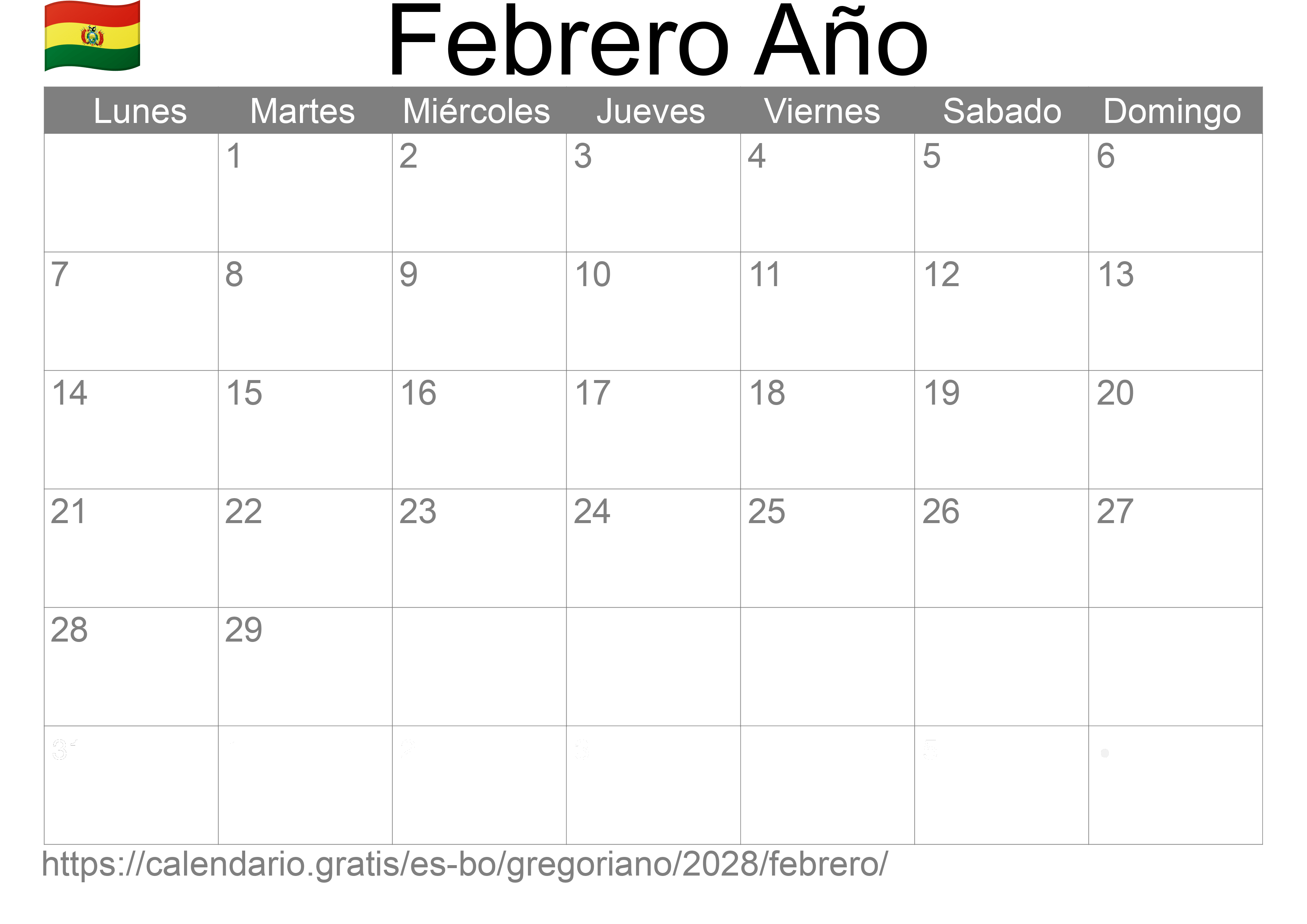 Calendario Febrero 2028 para imprimir