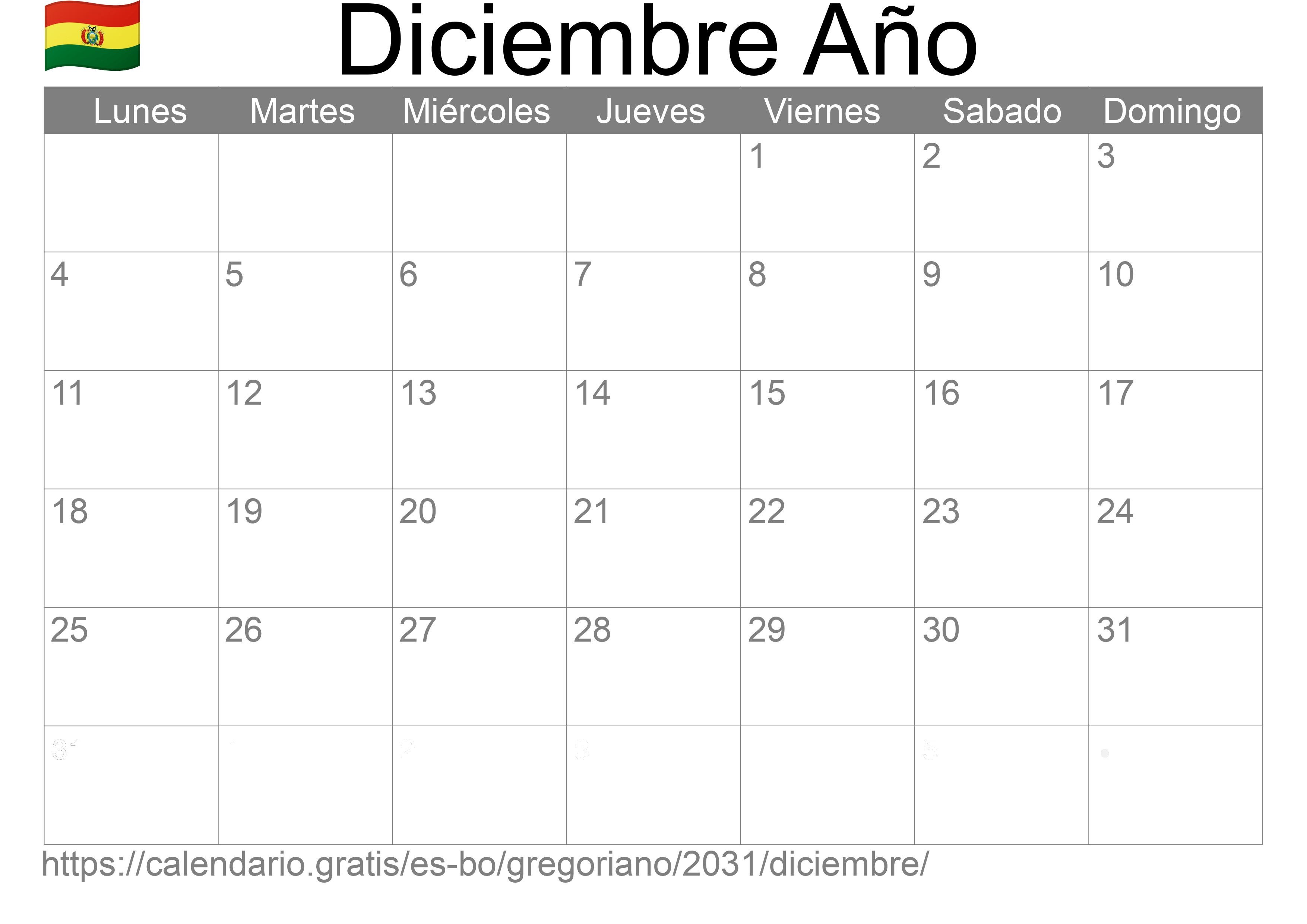 Calendario Diciembre 2031 para imprimir