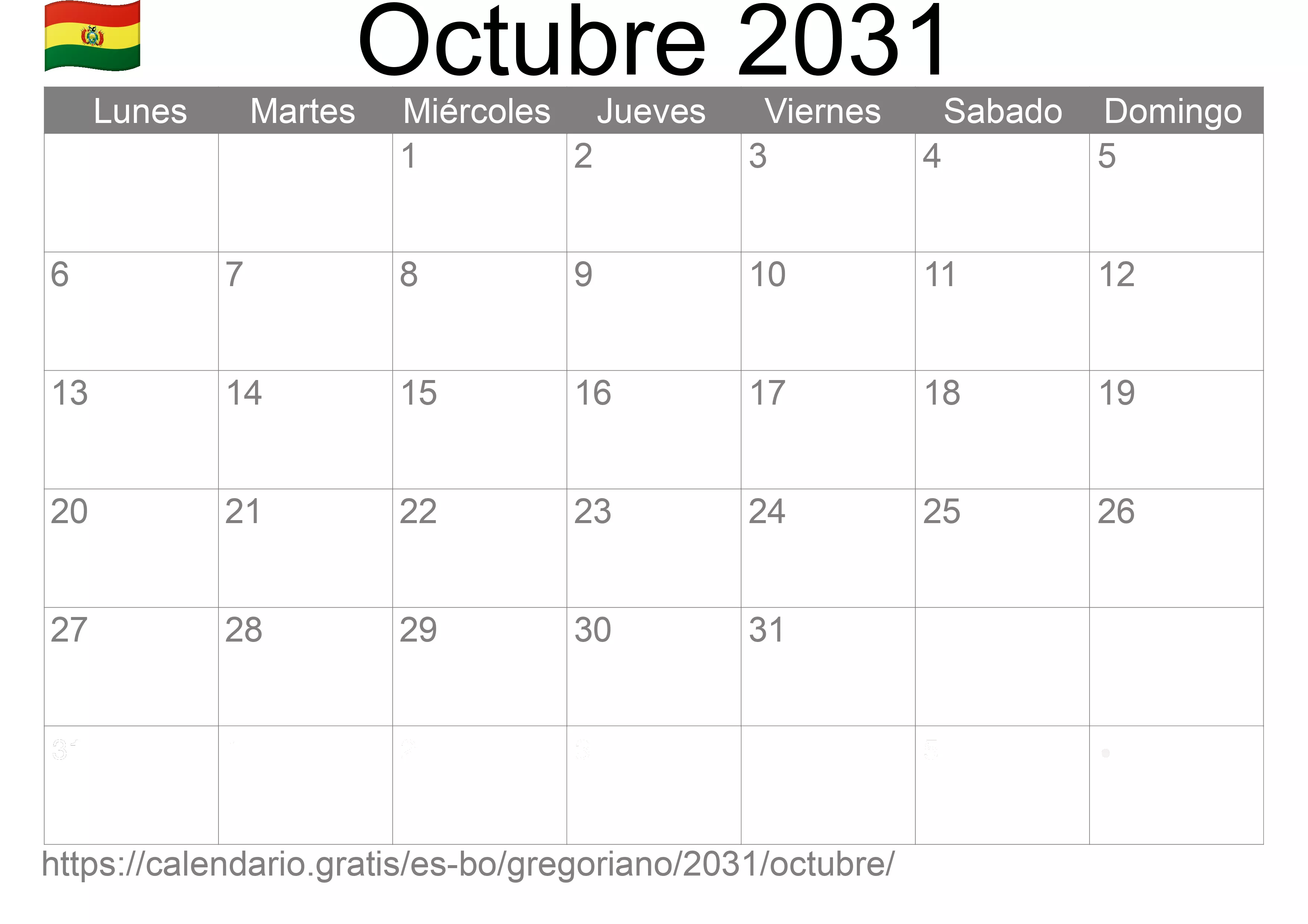 Calendario Octubre 2031 para imprimir (Bolivia) Calendario Octubre 2031 para imprimir (Bolivia)