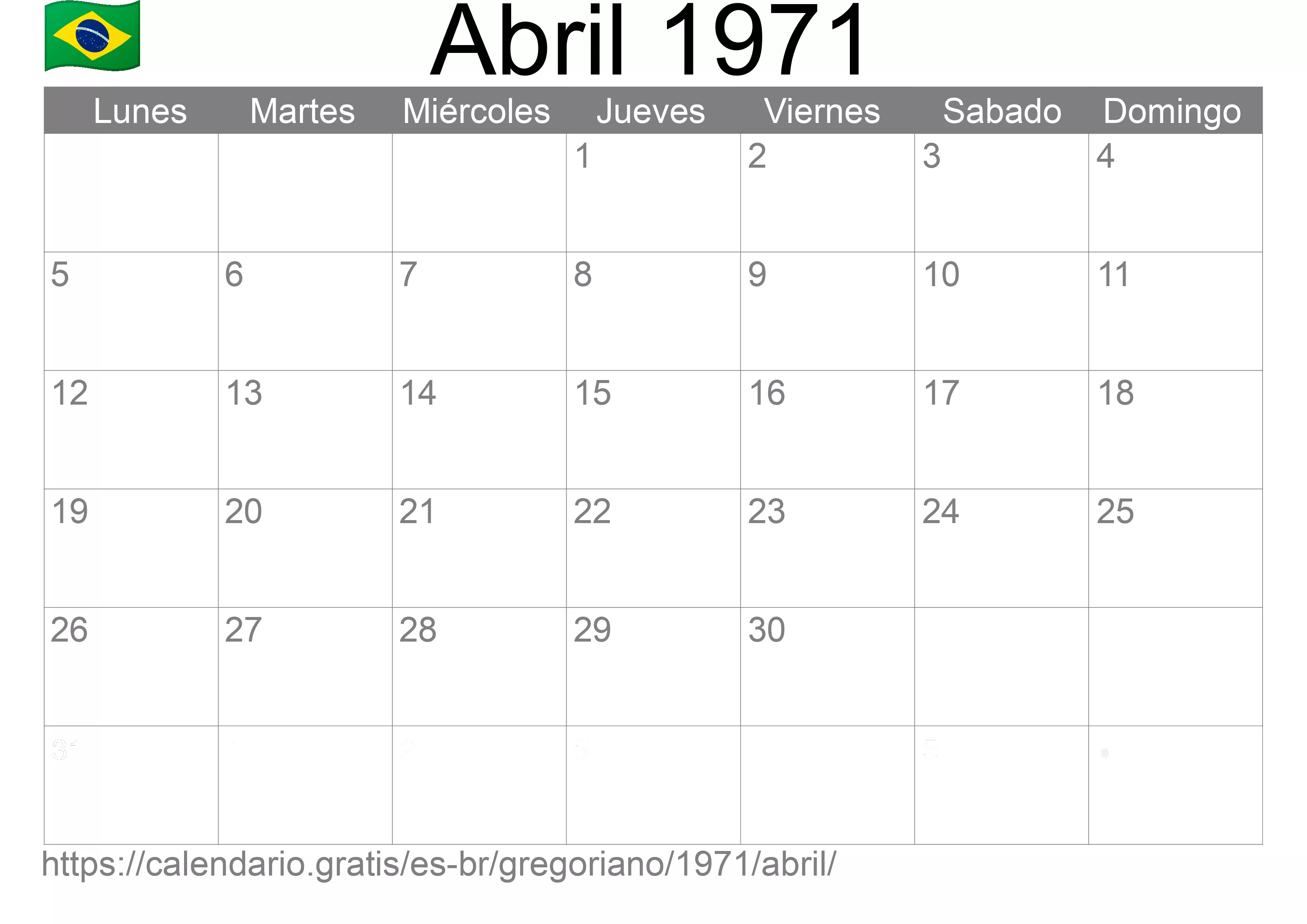Calendario Abril 1971 para imprimir (Brasil)