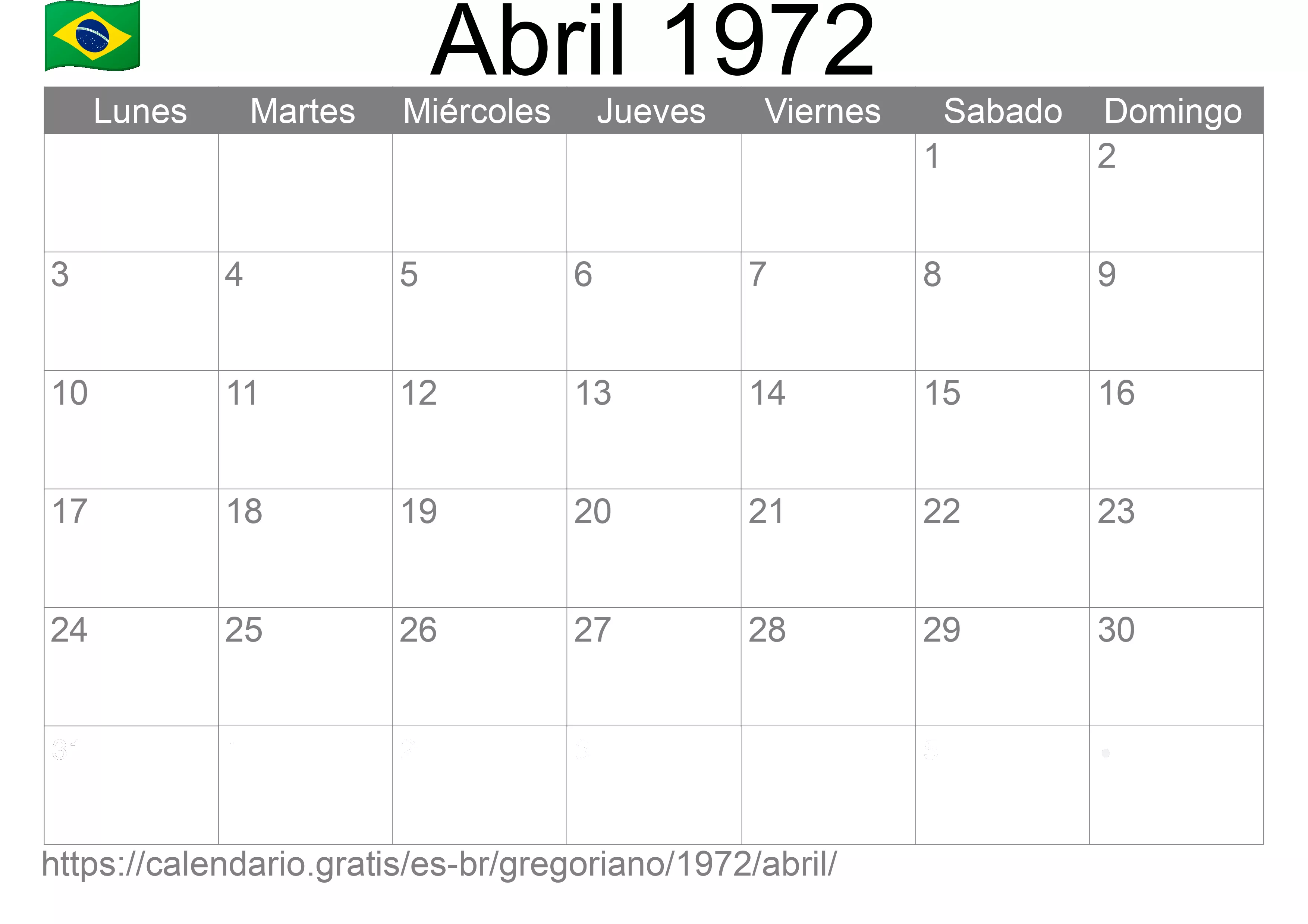 Calendario Abril 1972 para imprimir (Brasil)