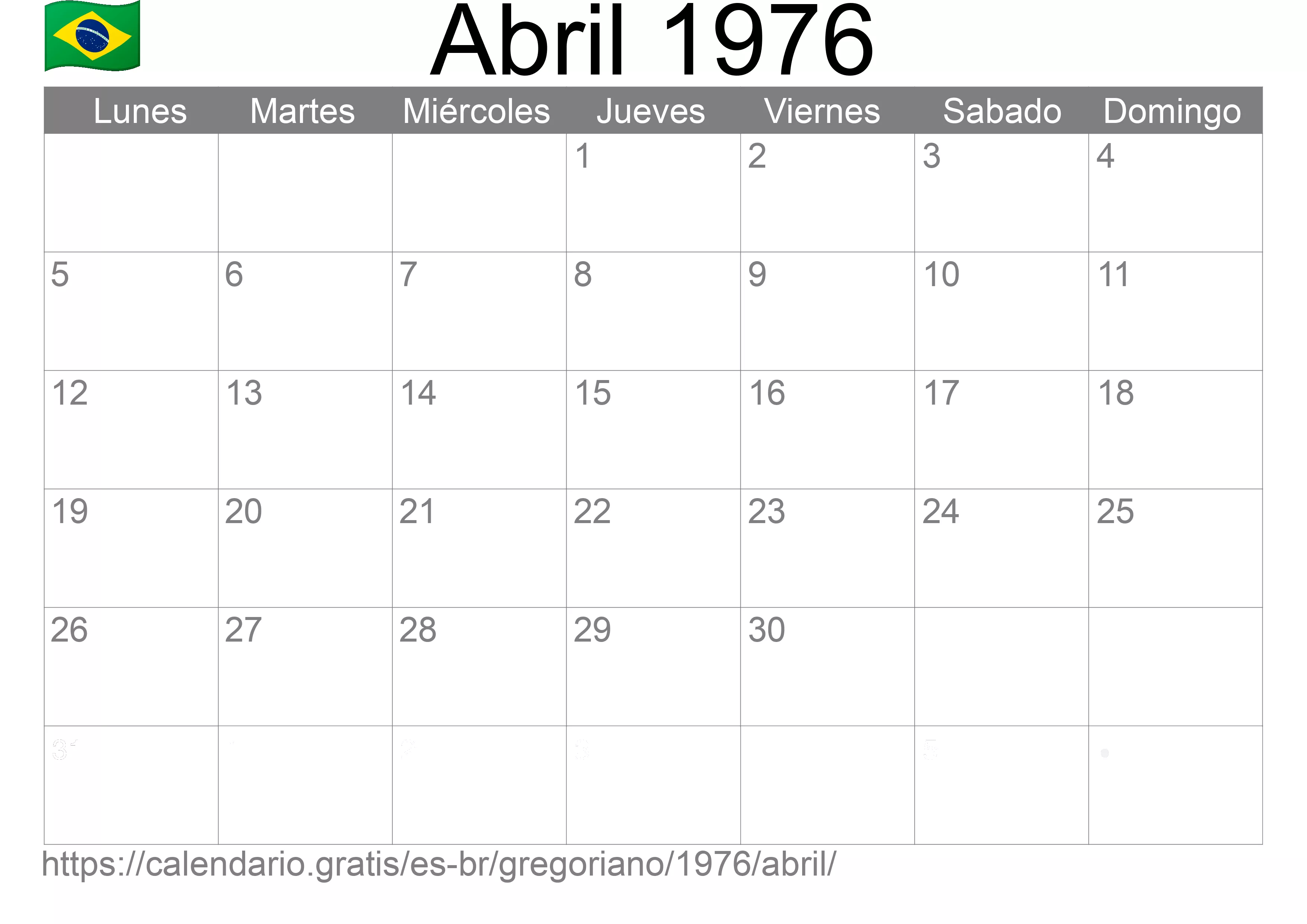 Calendario Abril 1976 para imprimir (Brasil)