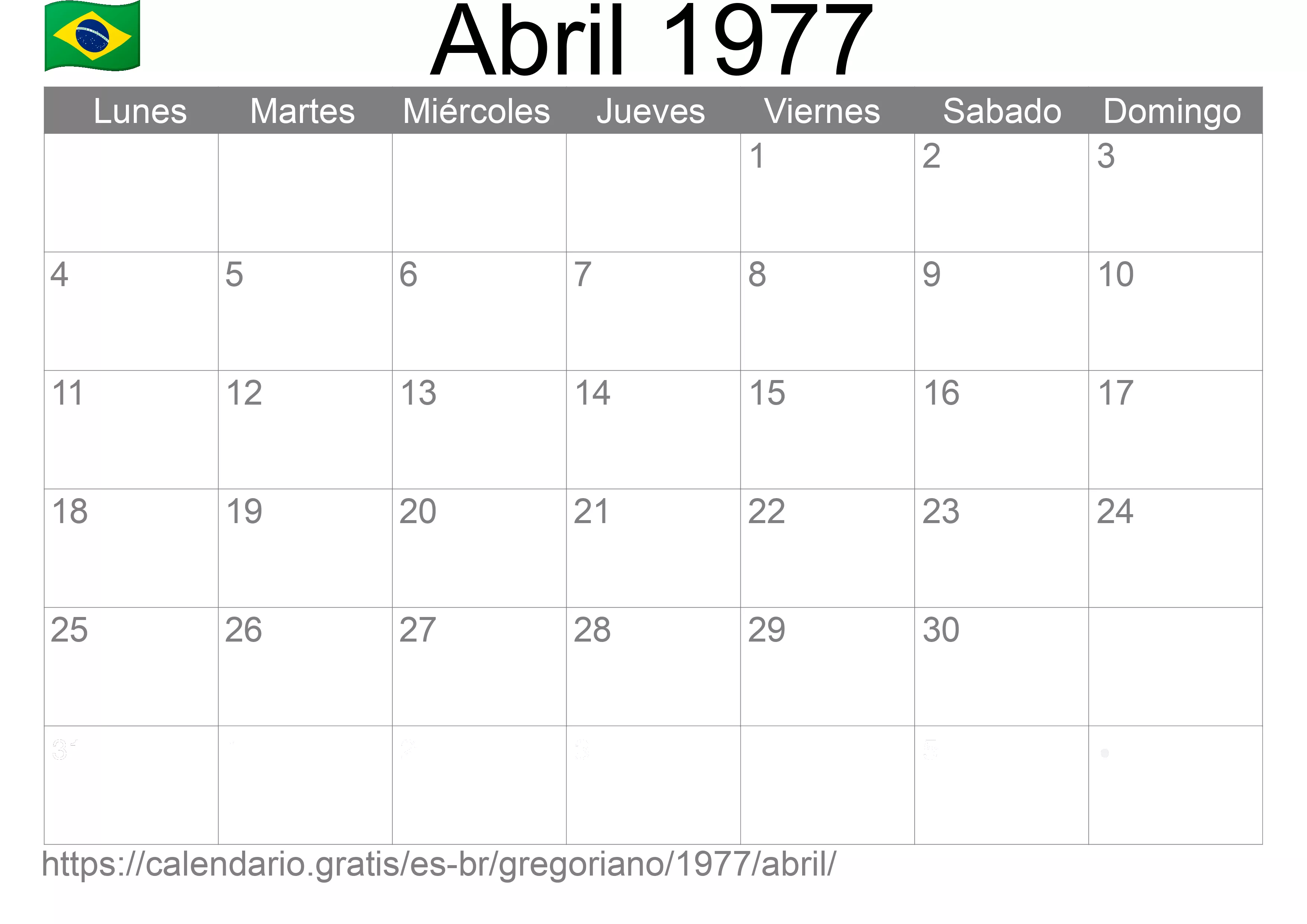 Calendario Abril 1977 para imprimir (Brasil)