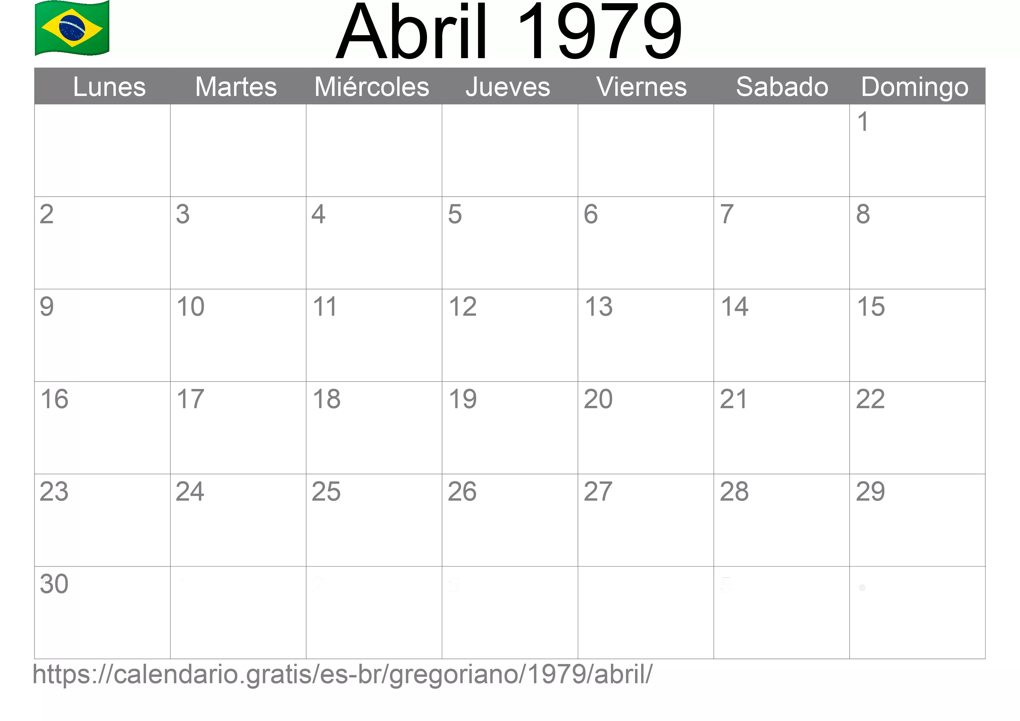 Calendario Abril 1979 para imprimir (Brasil)