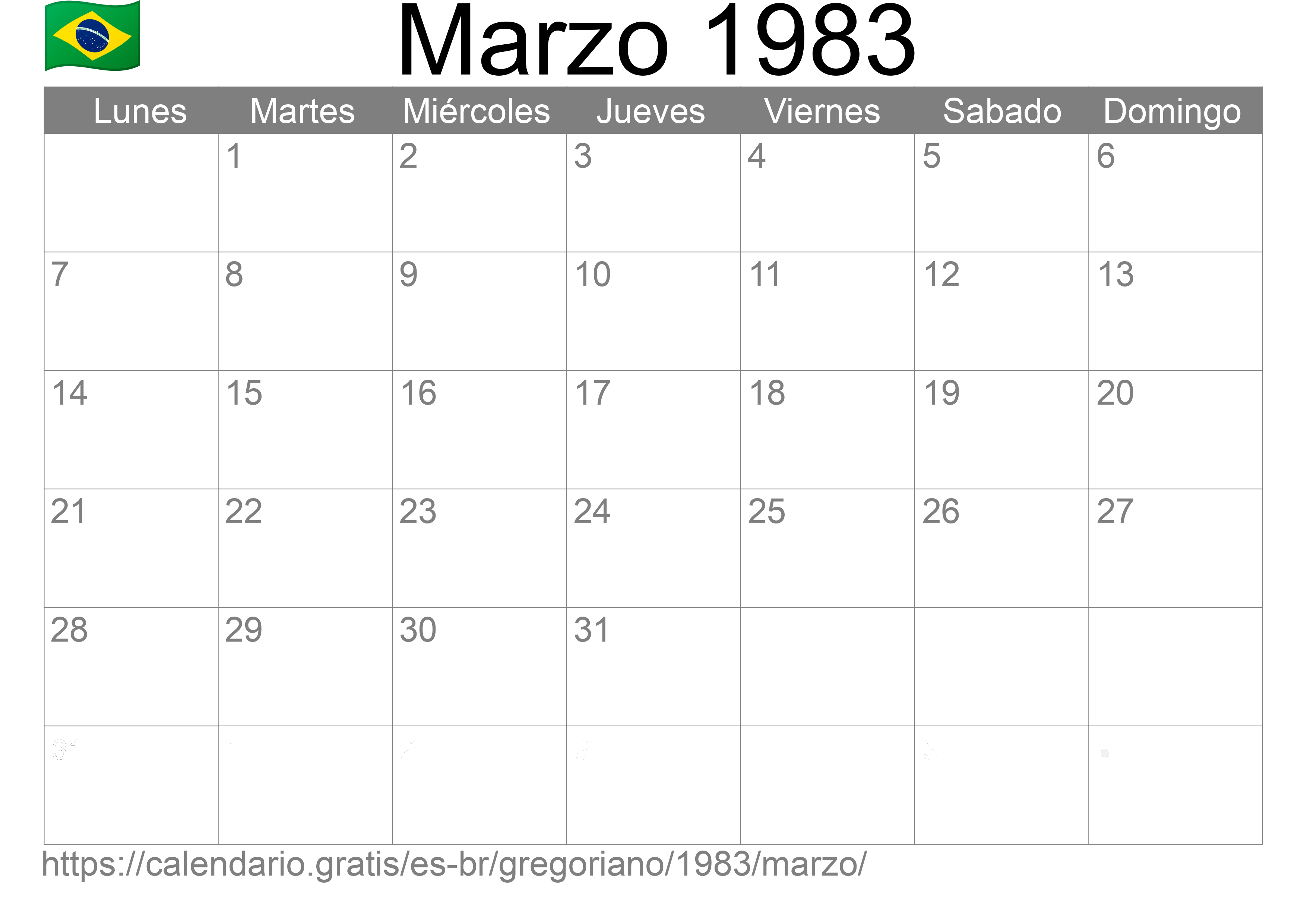 Calendario Marzo 1983 para imprimir