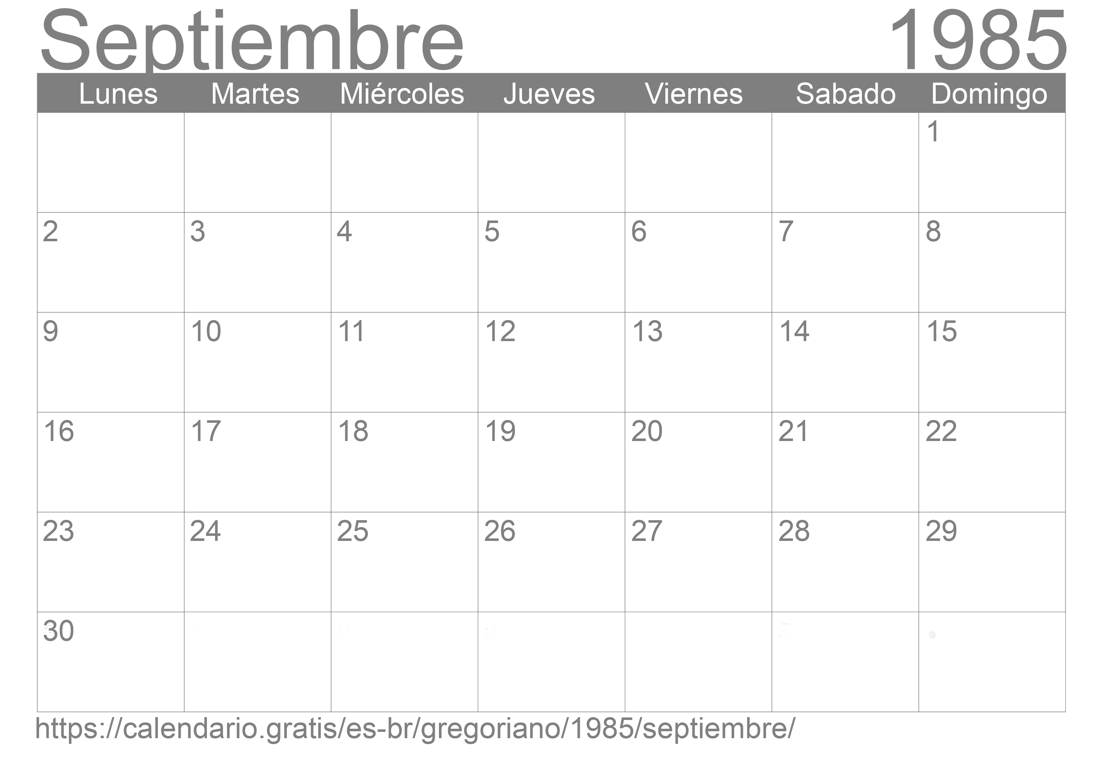 Calendario Septiembre 1985 para imprimir