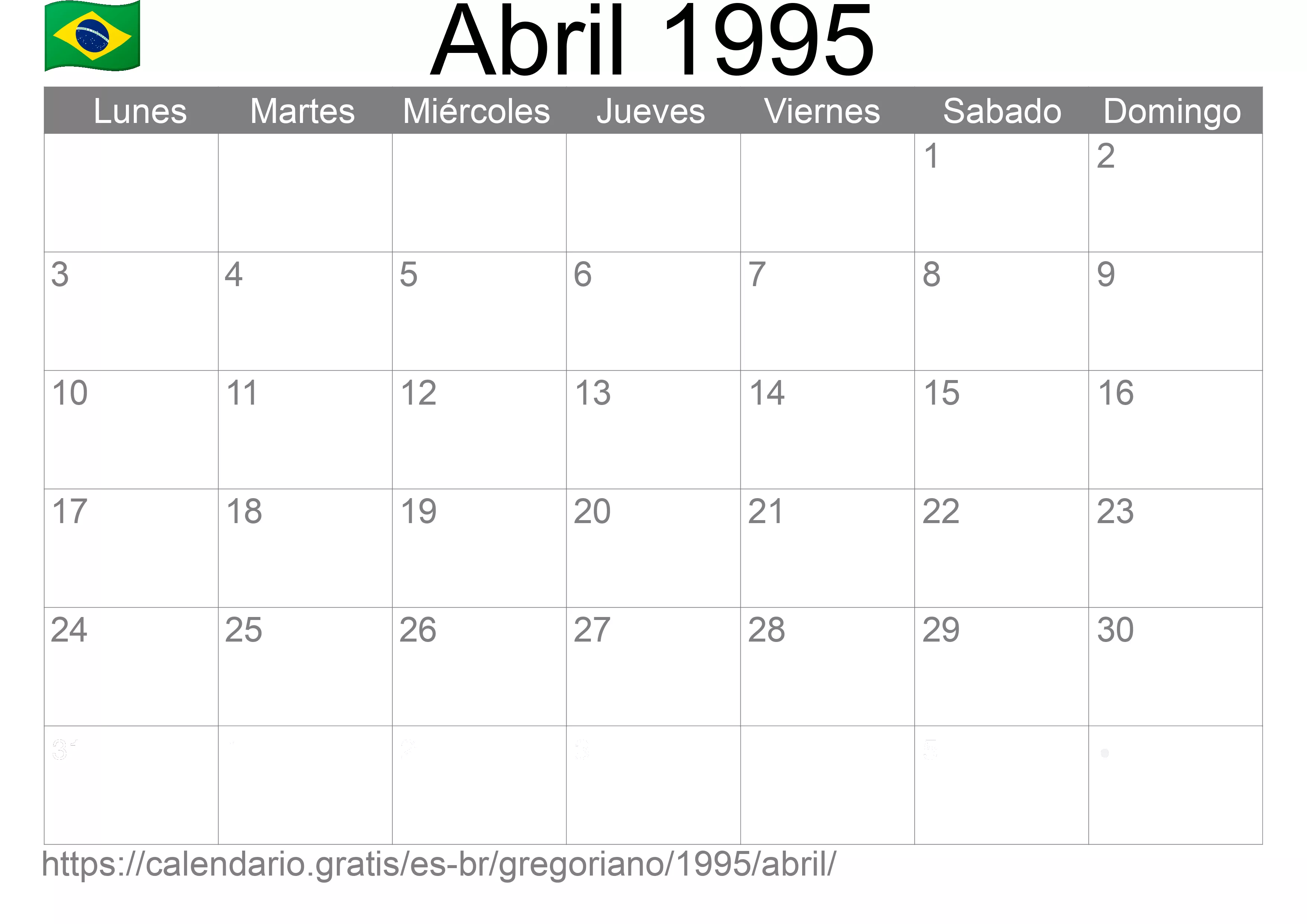 Calendario Abril 1995 para imprimir (Brasil) Calendario Abril 1995 para imprimir (Brasil)