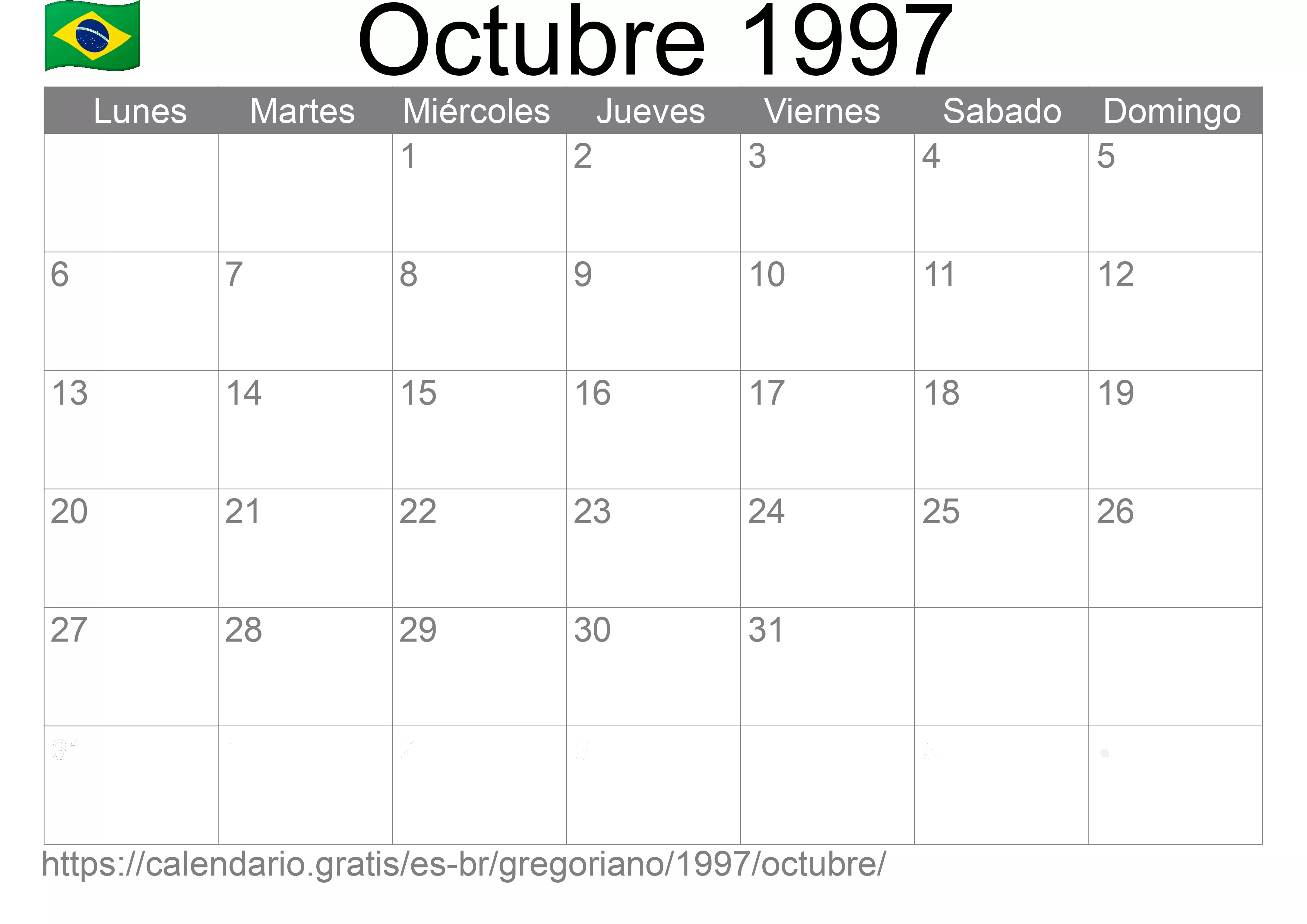 Calendario Octubre 1997 para imprimir (Brasil)