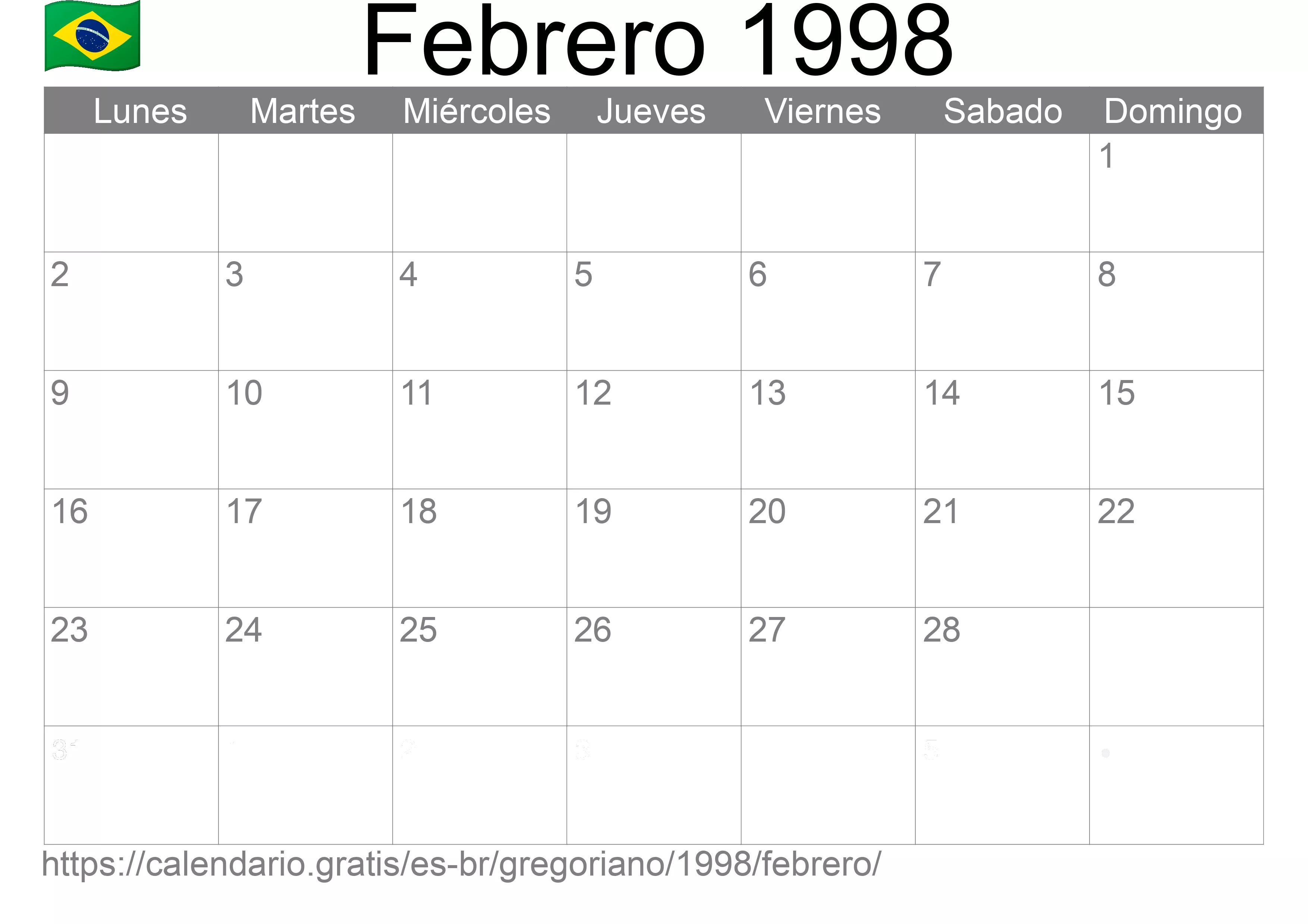 Calendario Febrero 1998 para imprimir (Brasil)