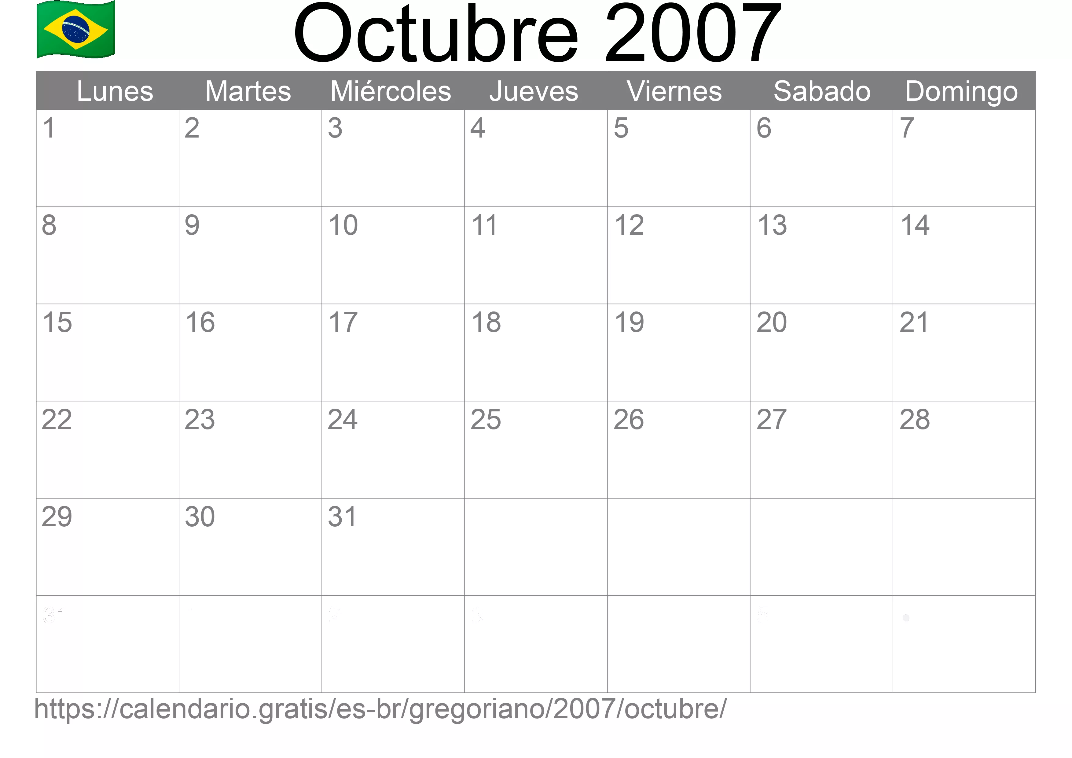 Calendario Octubre 2007 para imprimir (Brasil)