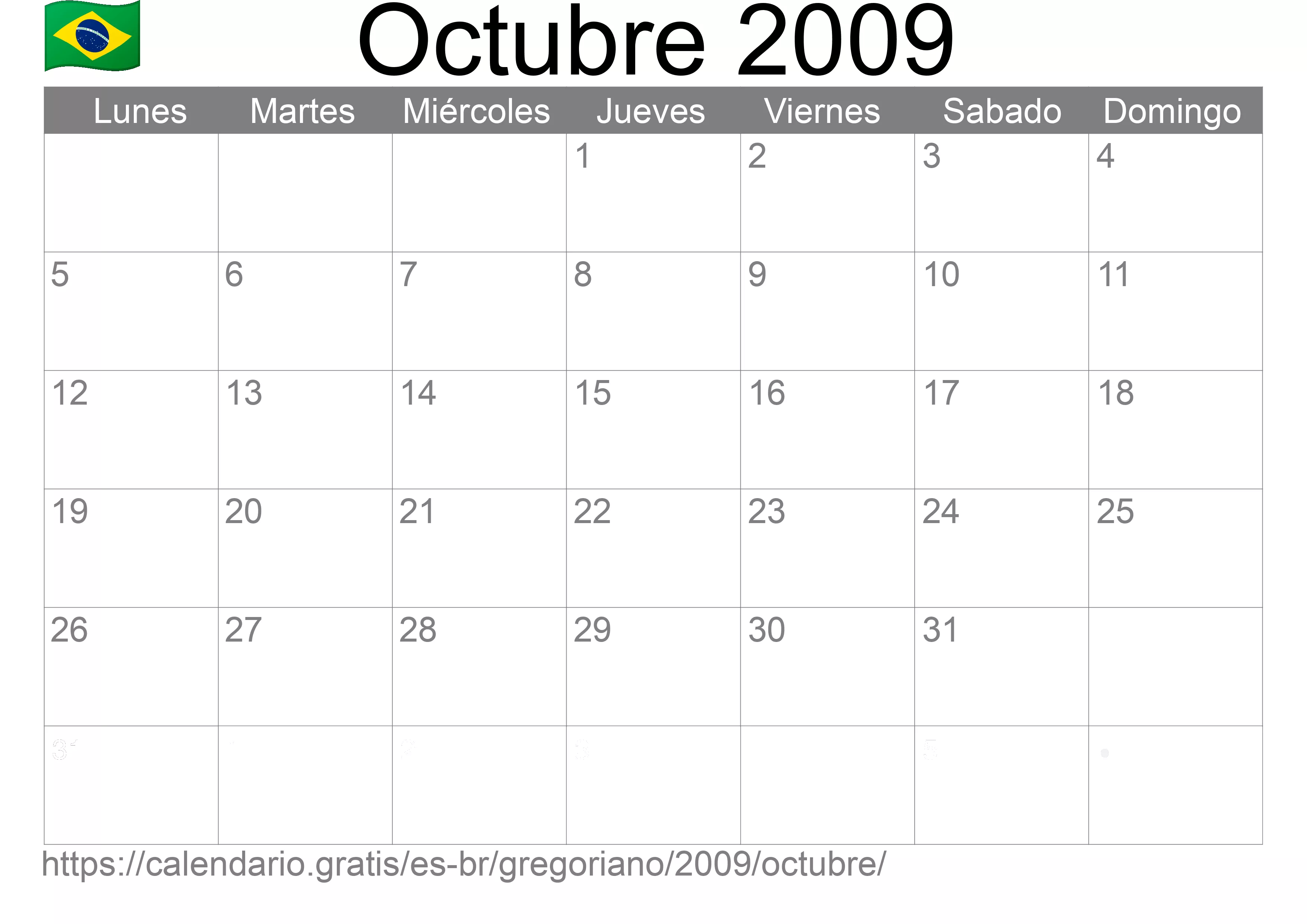 Calendario Octubre 2009 para imprimir (Brasil)