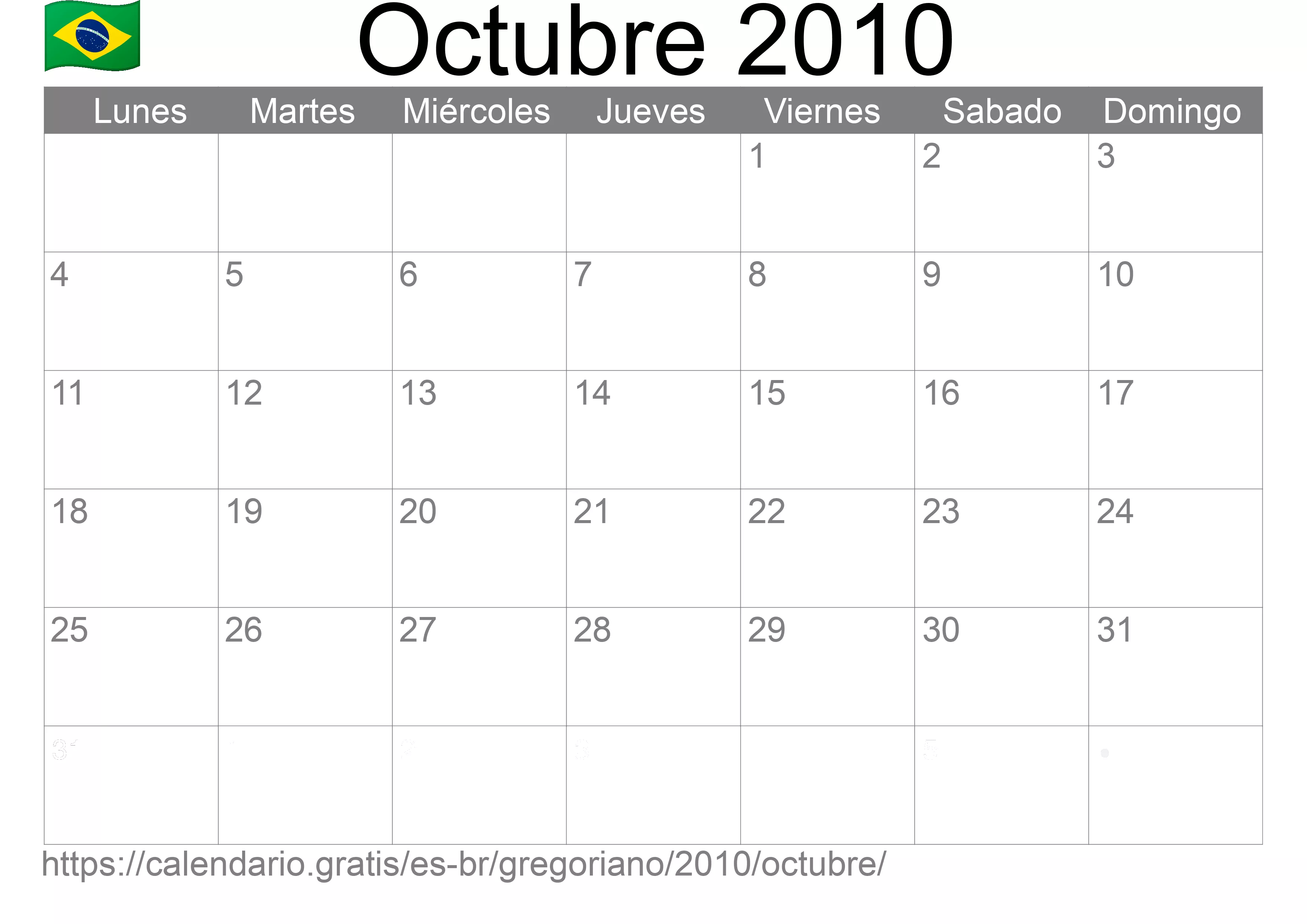 Calendario Octubre 2010 para imprimir (Brasil)