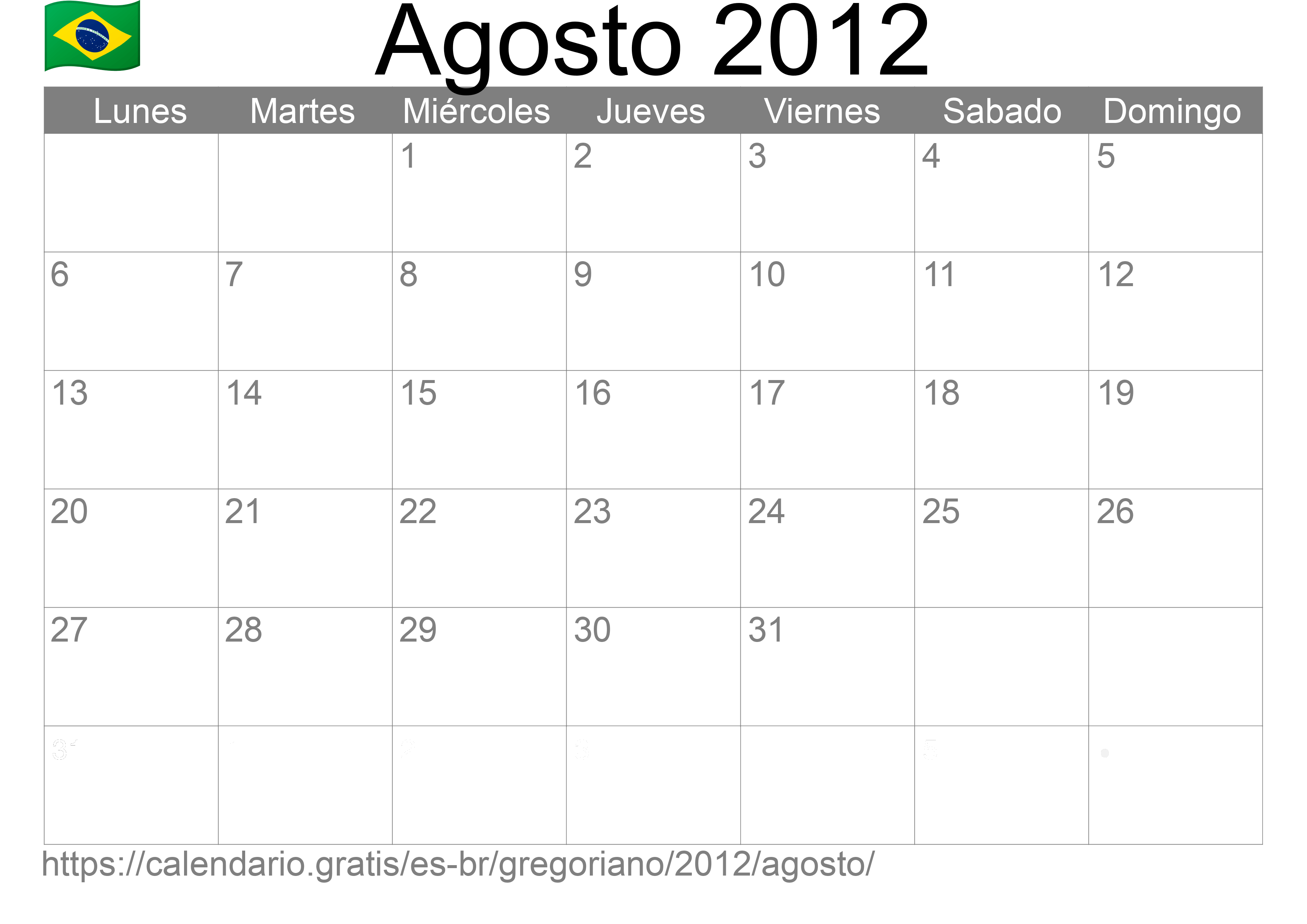 Calendario Agosto 2012 para imprimir