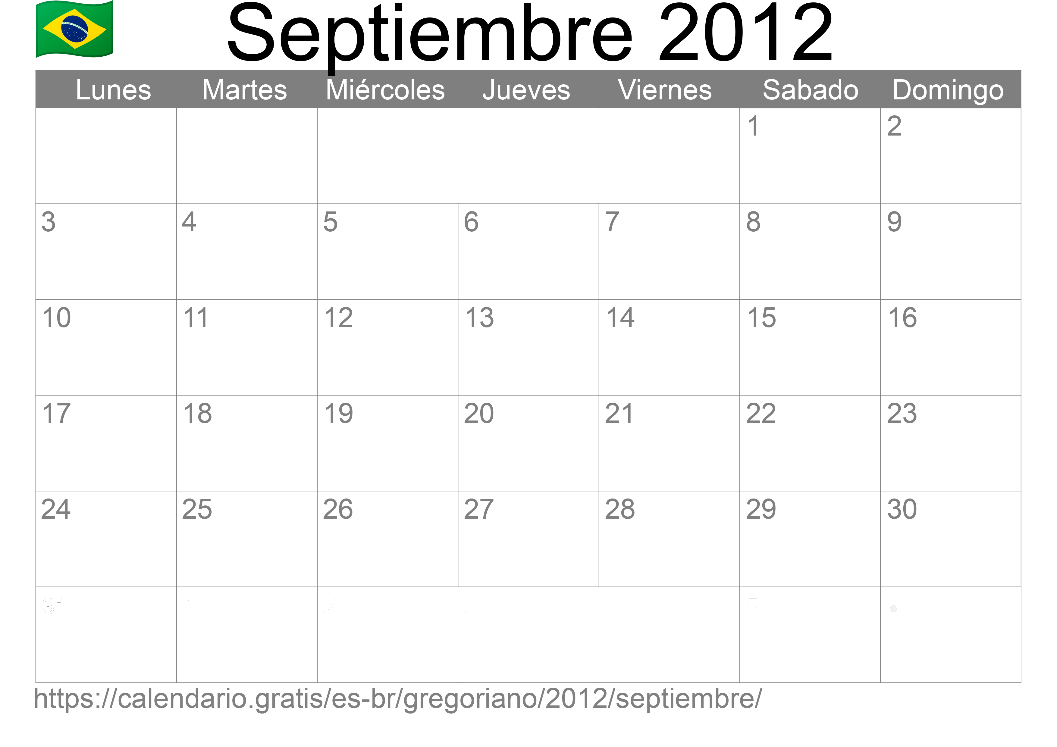 Calendario Septiembre 2012 para imprimir