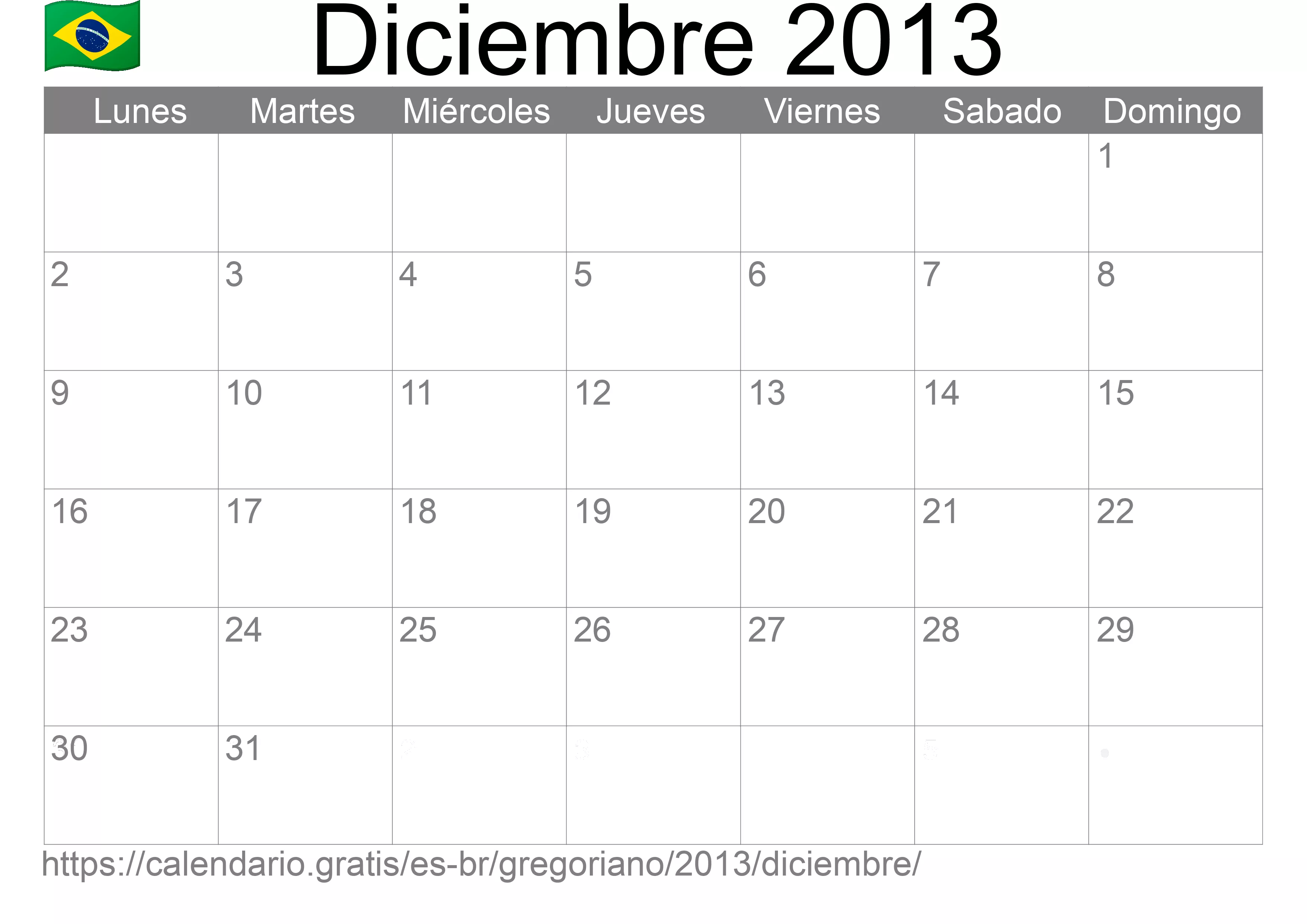 Calendario Diciembre 2013 para imprimir (Brasil)