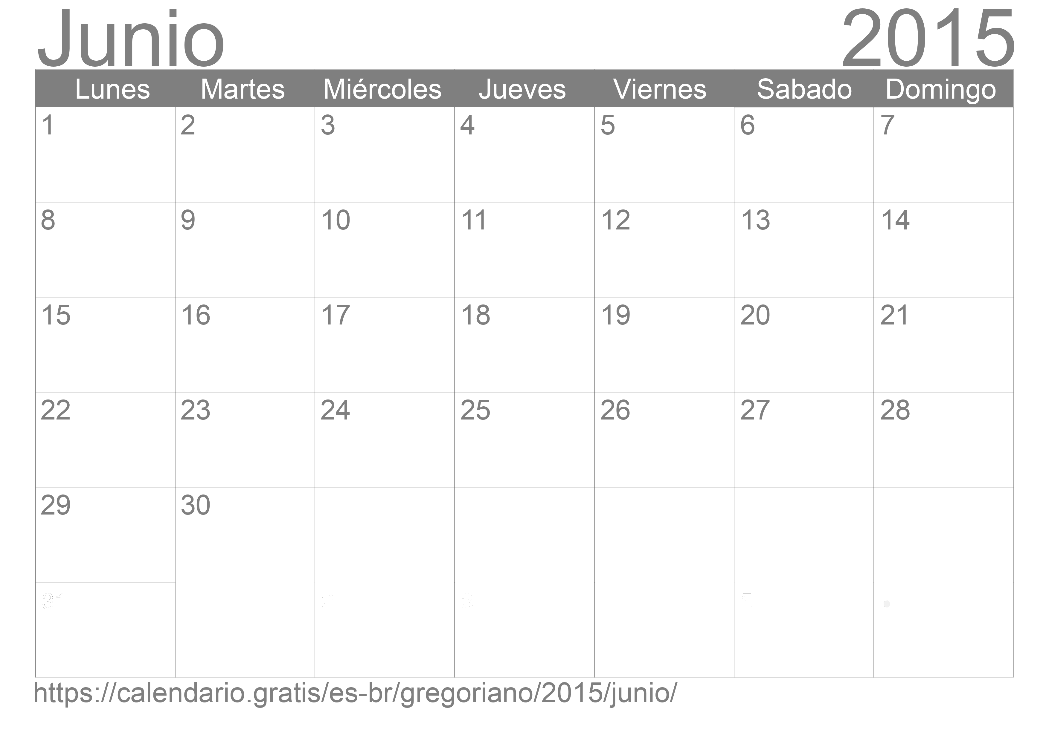 Calendario Junio 2015 para imprimir