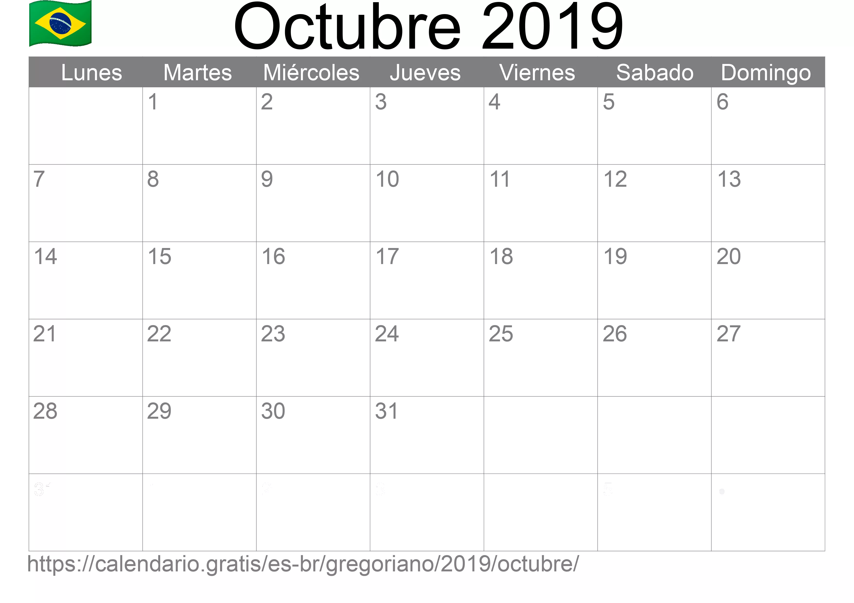Calendario Octubre 2019 para imprimir (Brasil)
