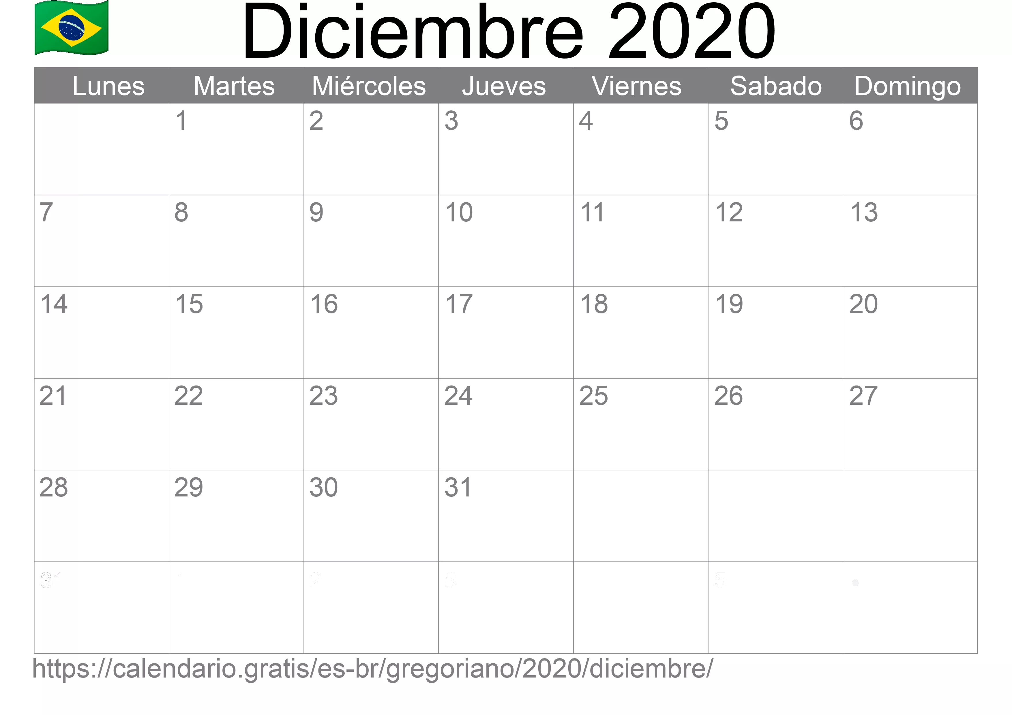 Calendario Diciembre 2020 para imprimir (Brasil) Calendario Diciembre 2020 para imprimir (Brasil)