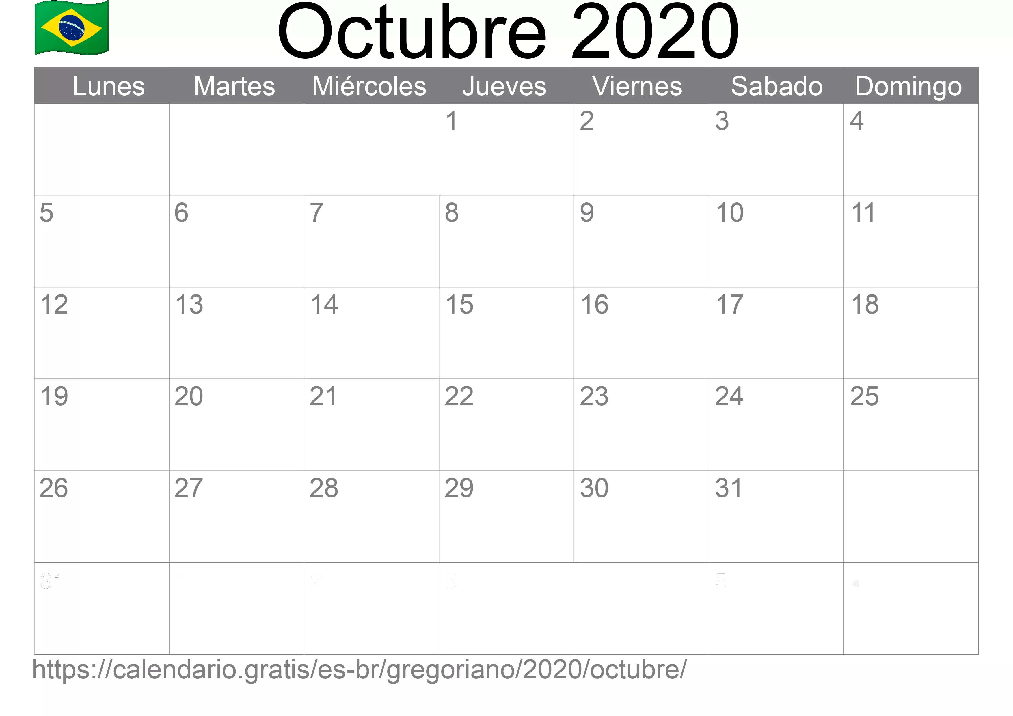 Calendario Octubre 2020 para imprimir (Brasil)