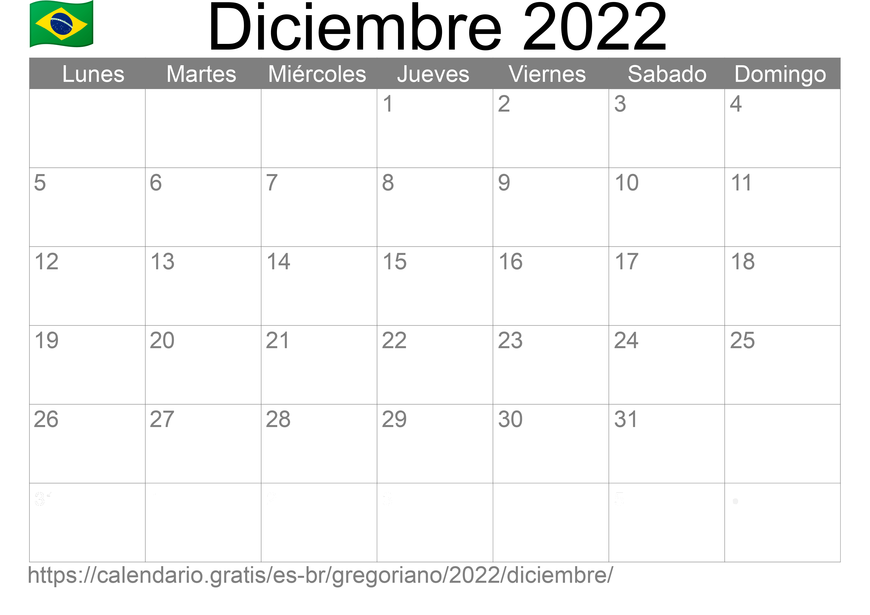 Calendario Diciembre 2022 para imprimir