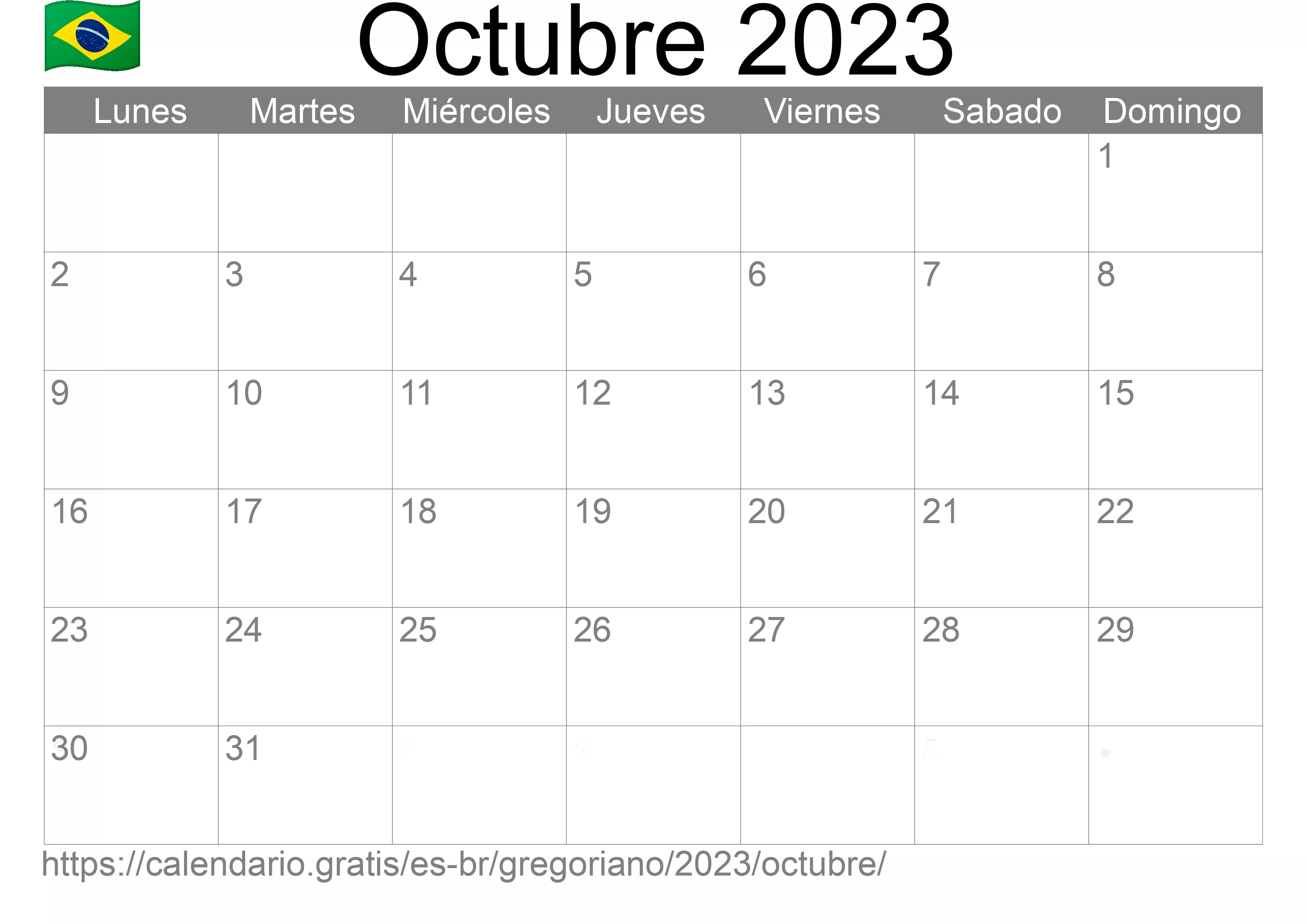 Calendario Octubre 2023 para imprimir (Brasil) Calendario Octubre 2023 para imprimir (Brasil)