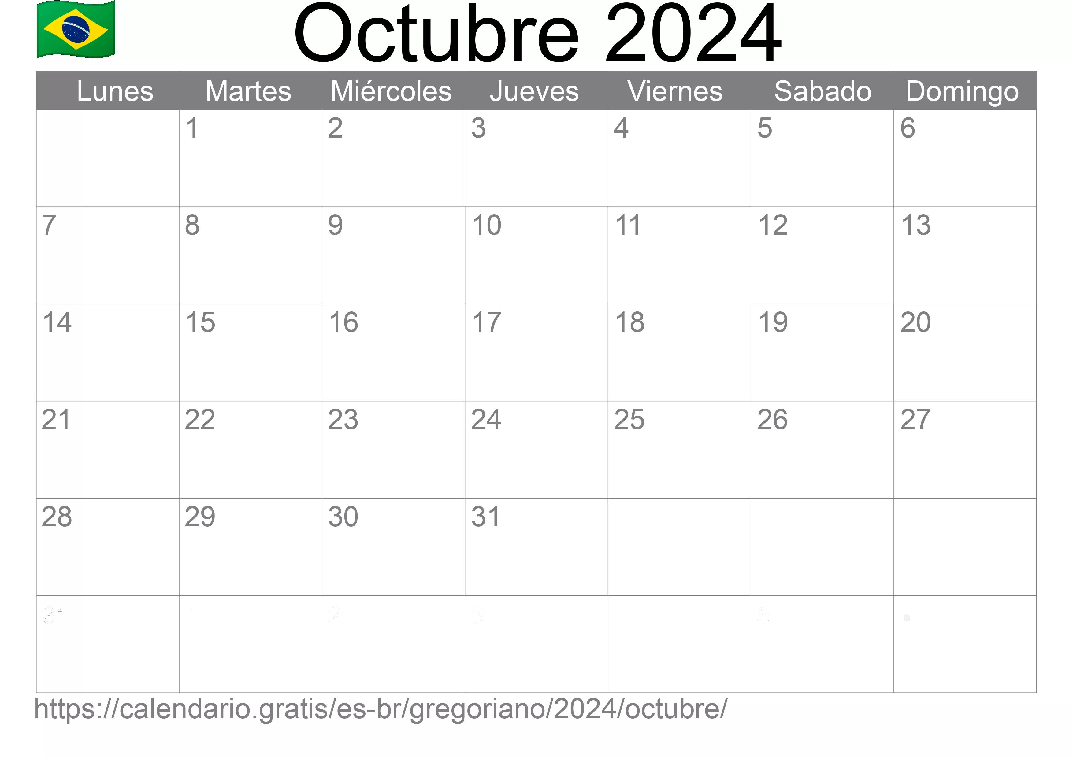 Calendario Octubre 2024 para imprimir (Brasil) Calendario Octubre 2024 para imprimir (Brasil)