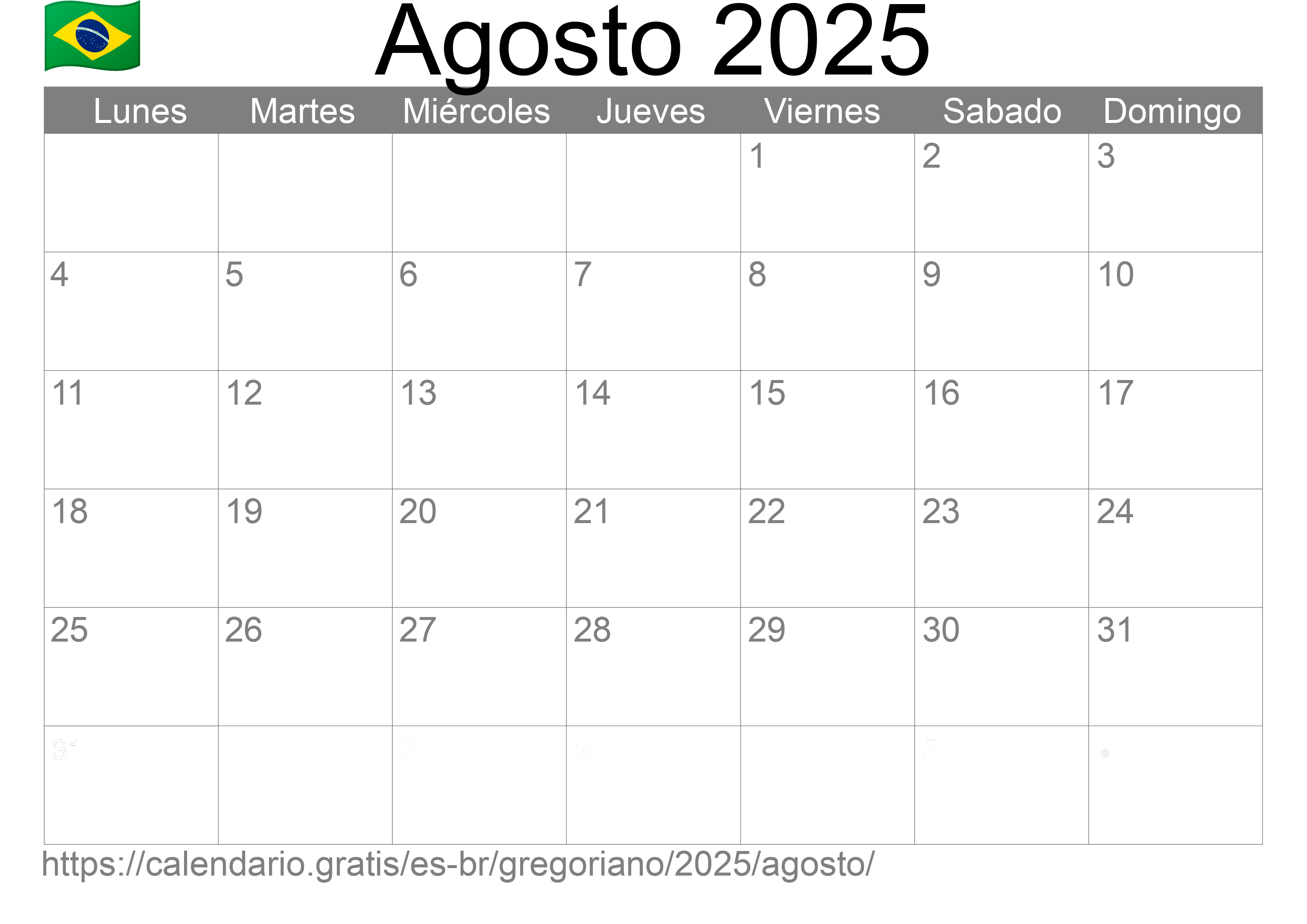 Calendario Agosto 2025 para imprimir