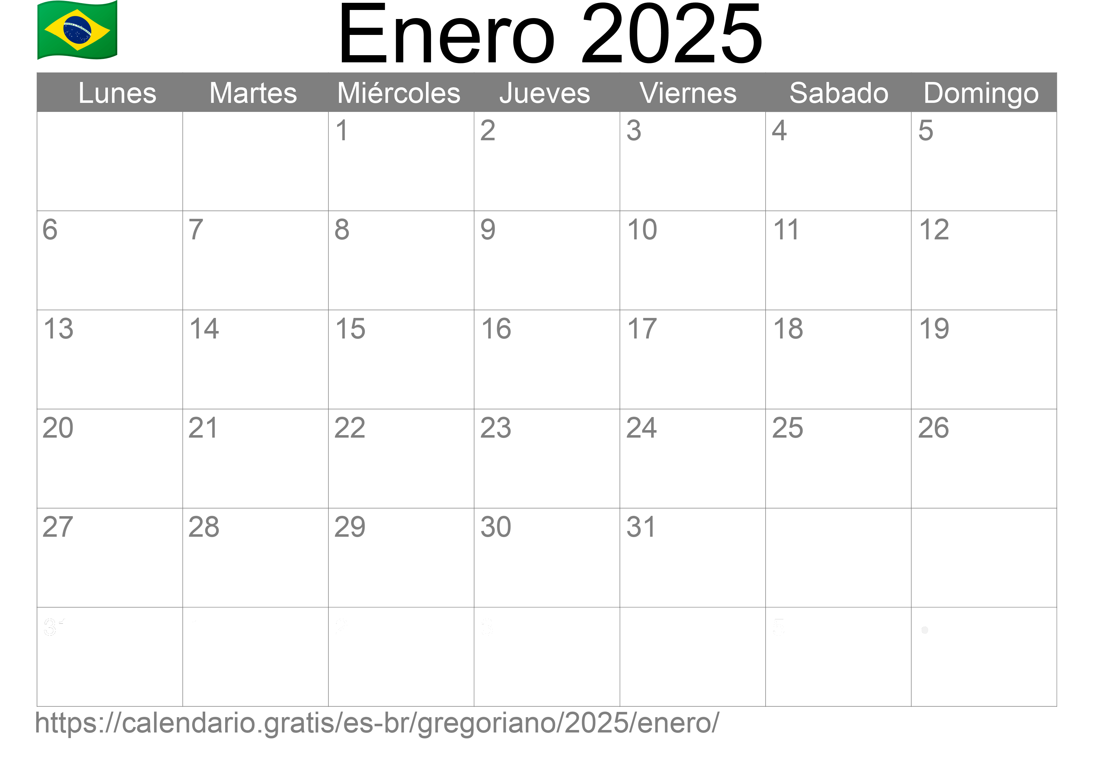 Calendario Enero 2025 para imprimir