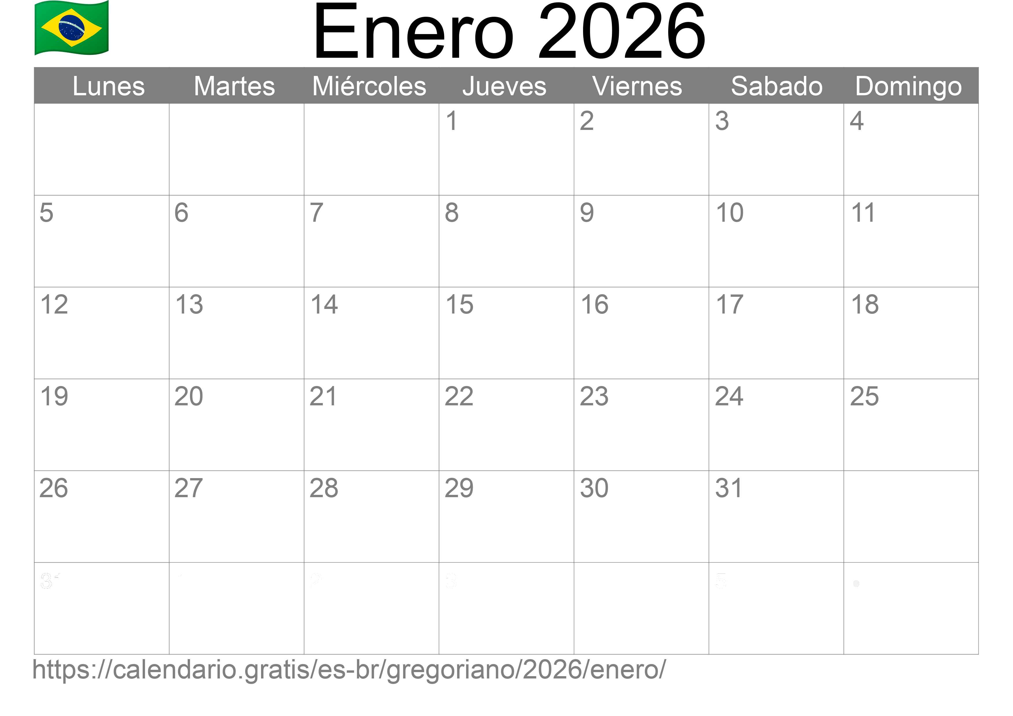 Calendario Enero 2026 para imprimir