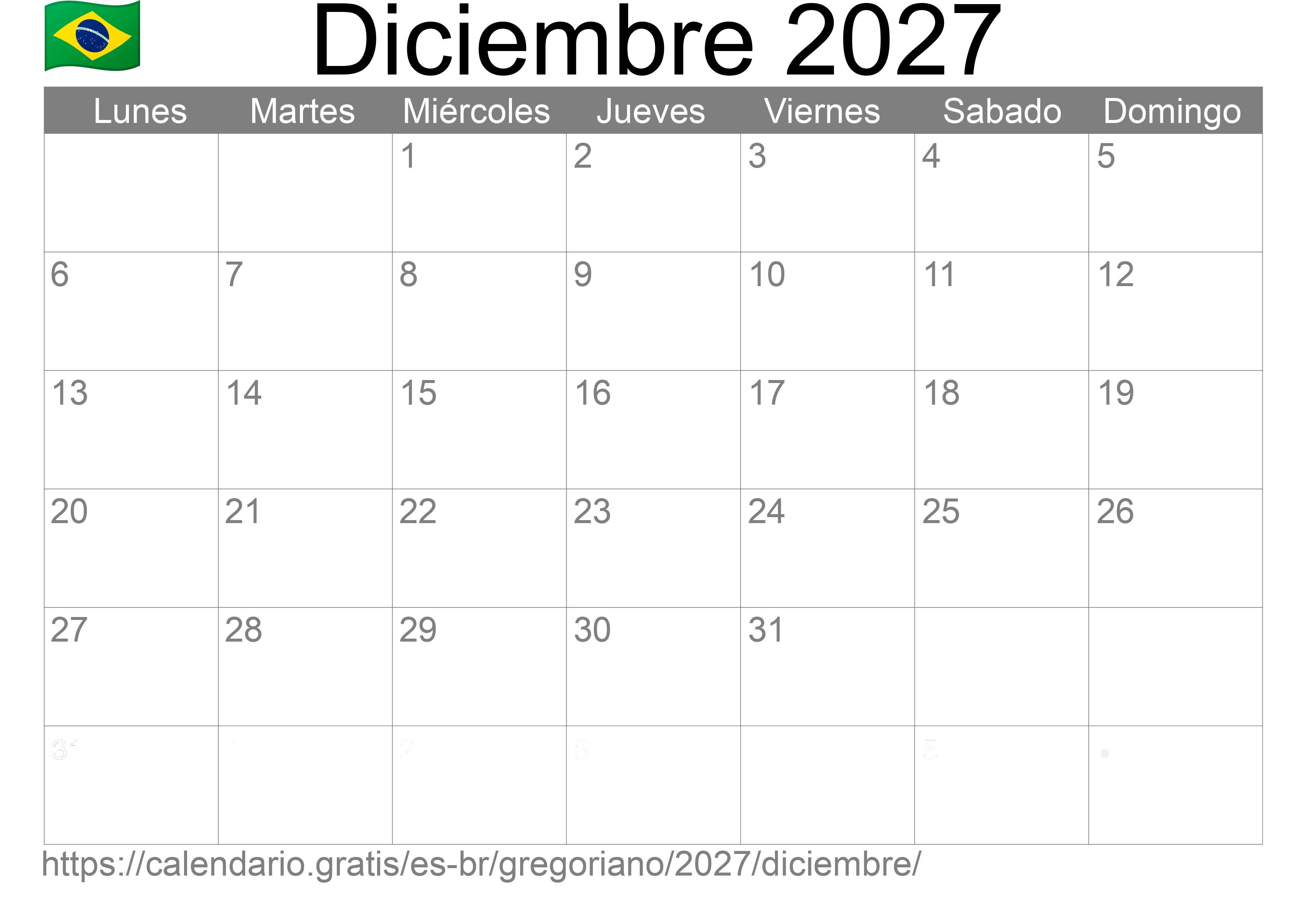 Calendario Diciembre 2027 para imprimir