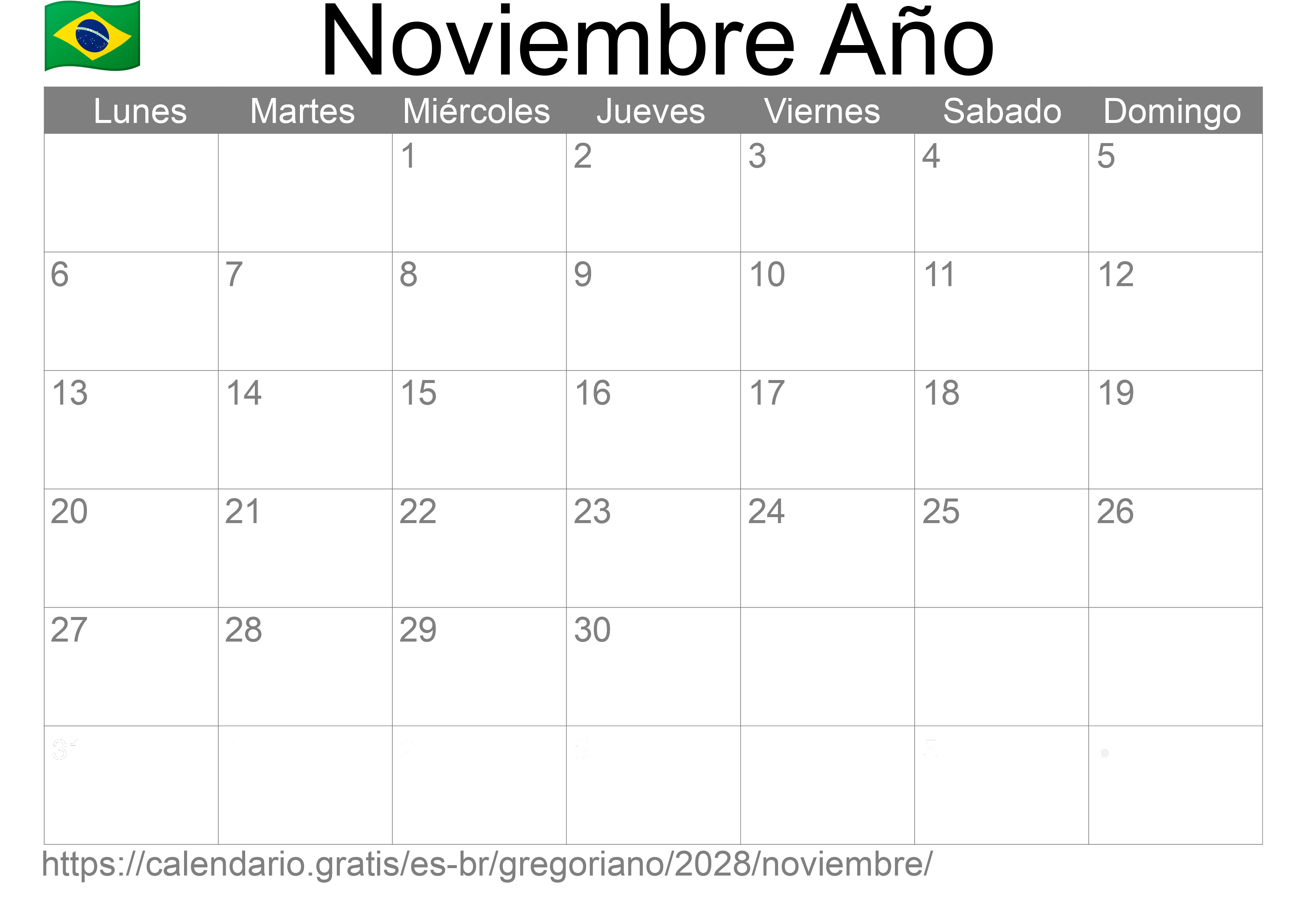 Calendario Noviembre 2028 para imprimir