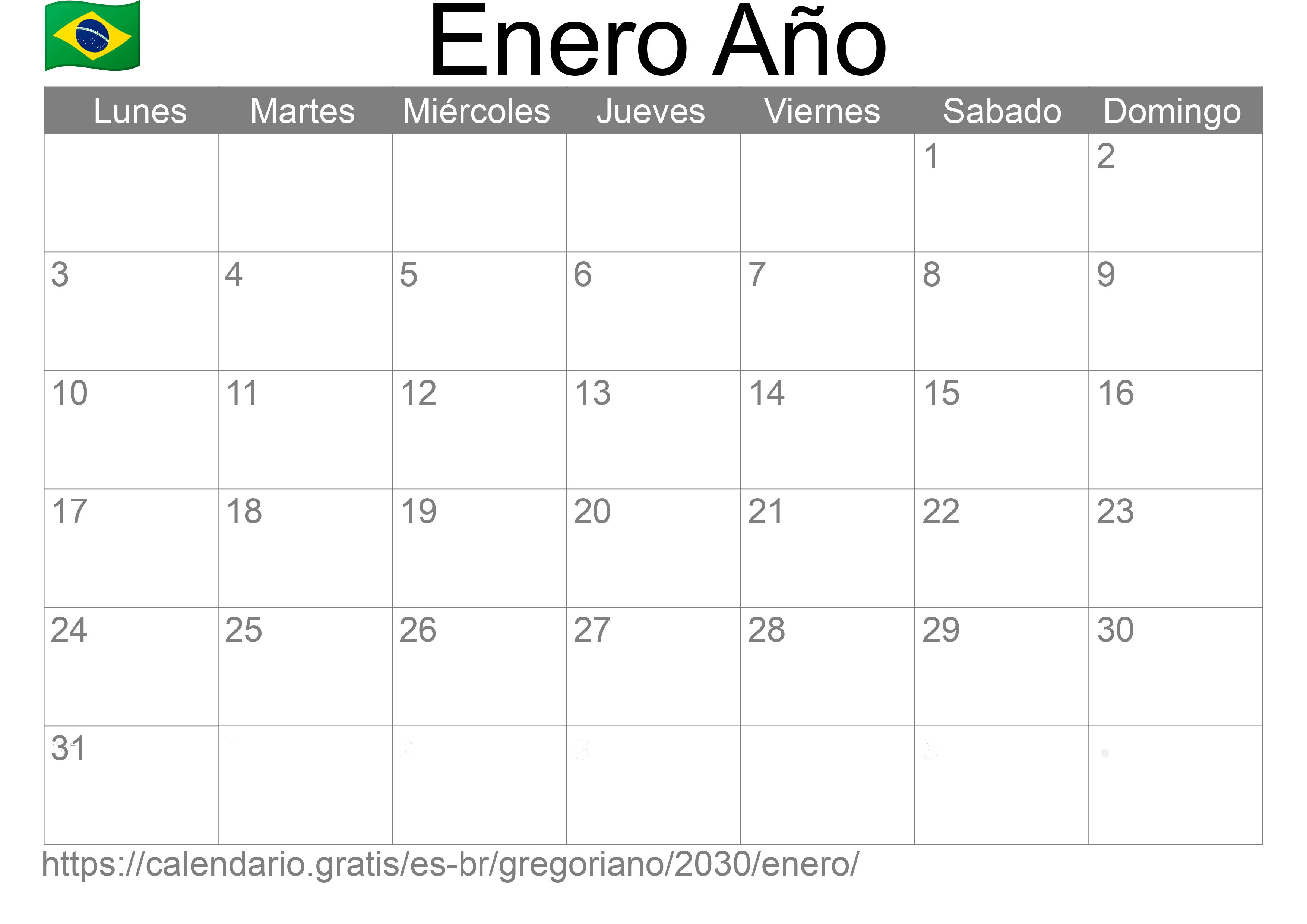 Calendario Enero 2030 para imprimir