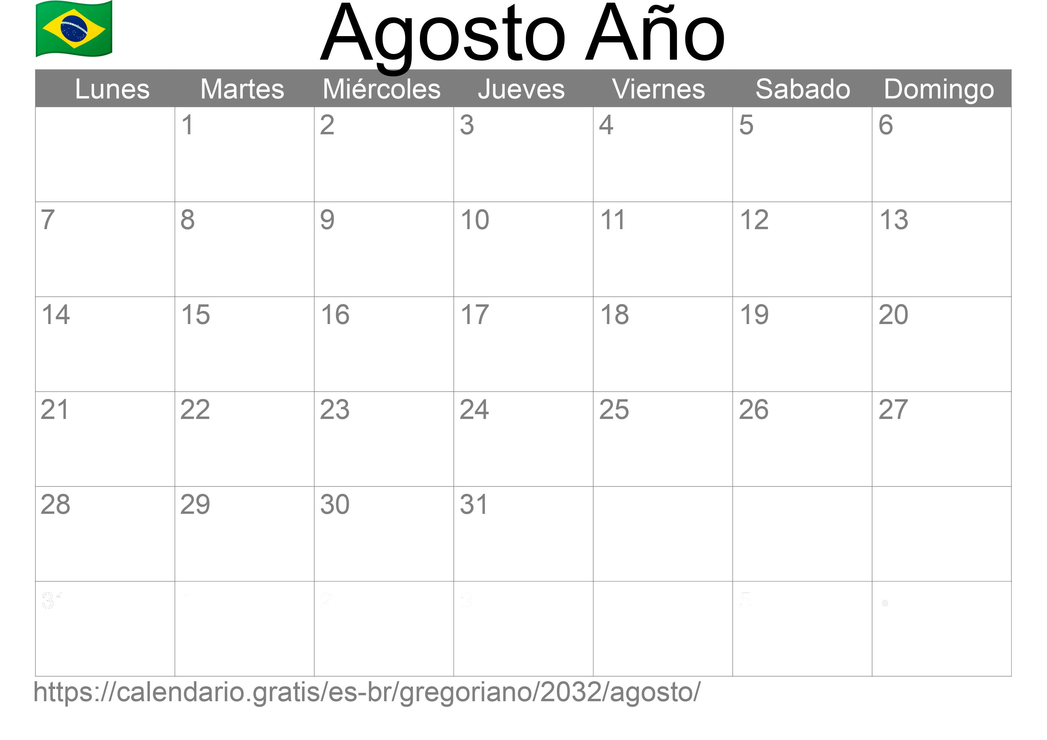 Calendario Agosto 2032 para imprimir