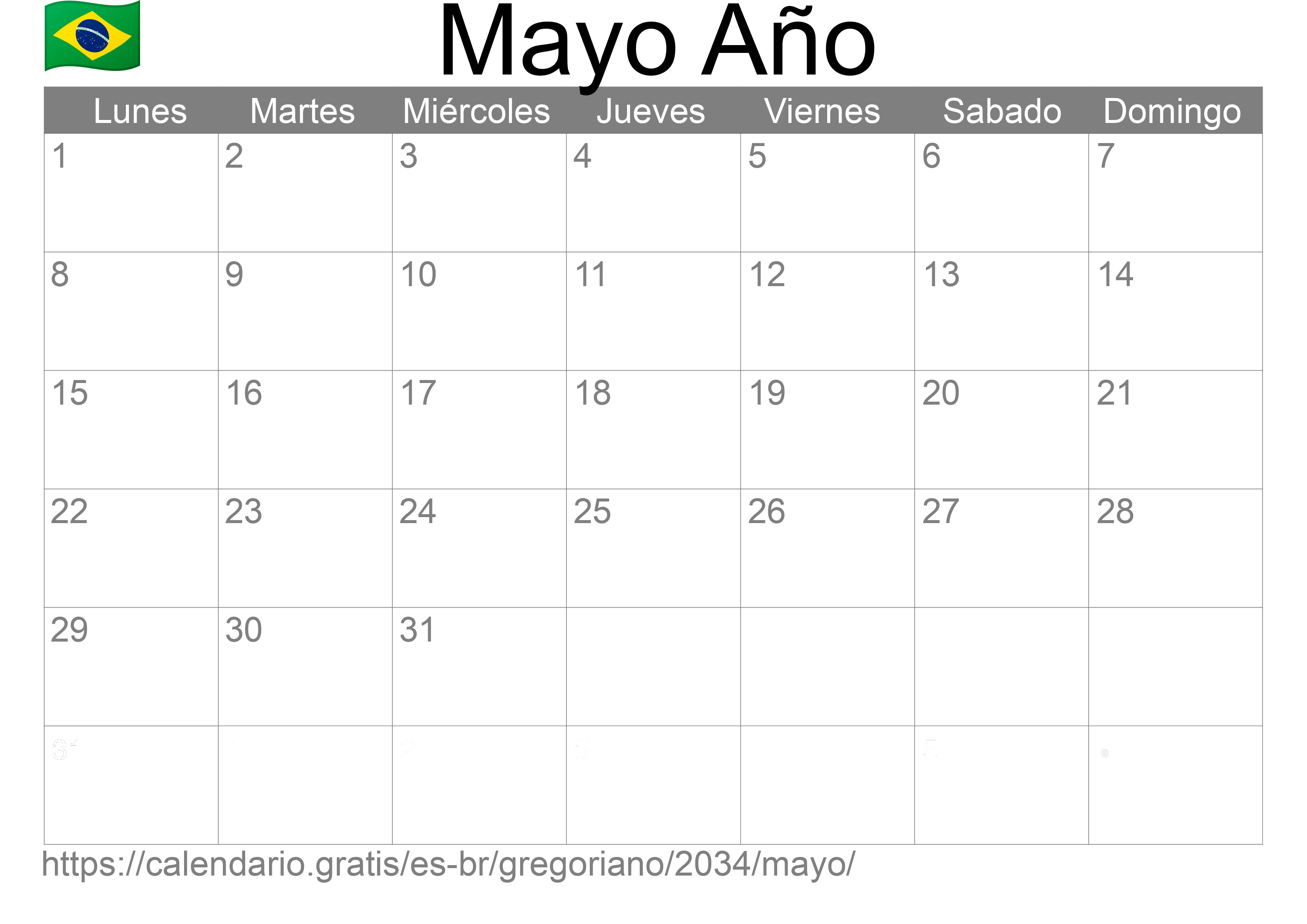 Calendario Mayo 2034 para imprimir