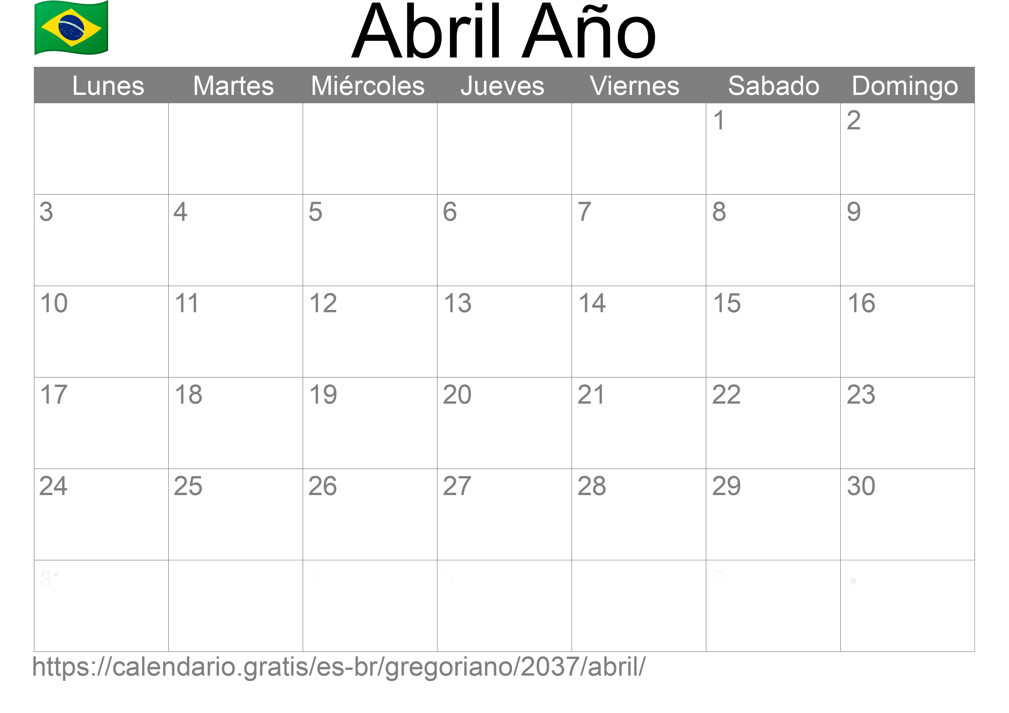 Calendario Abril 2037 para imprimir