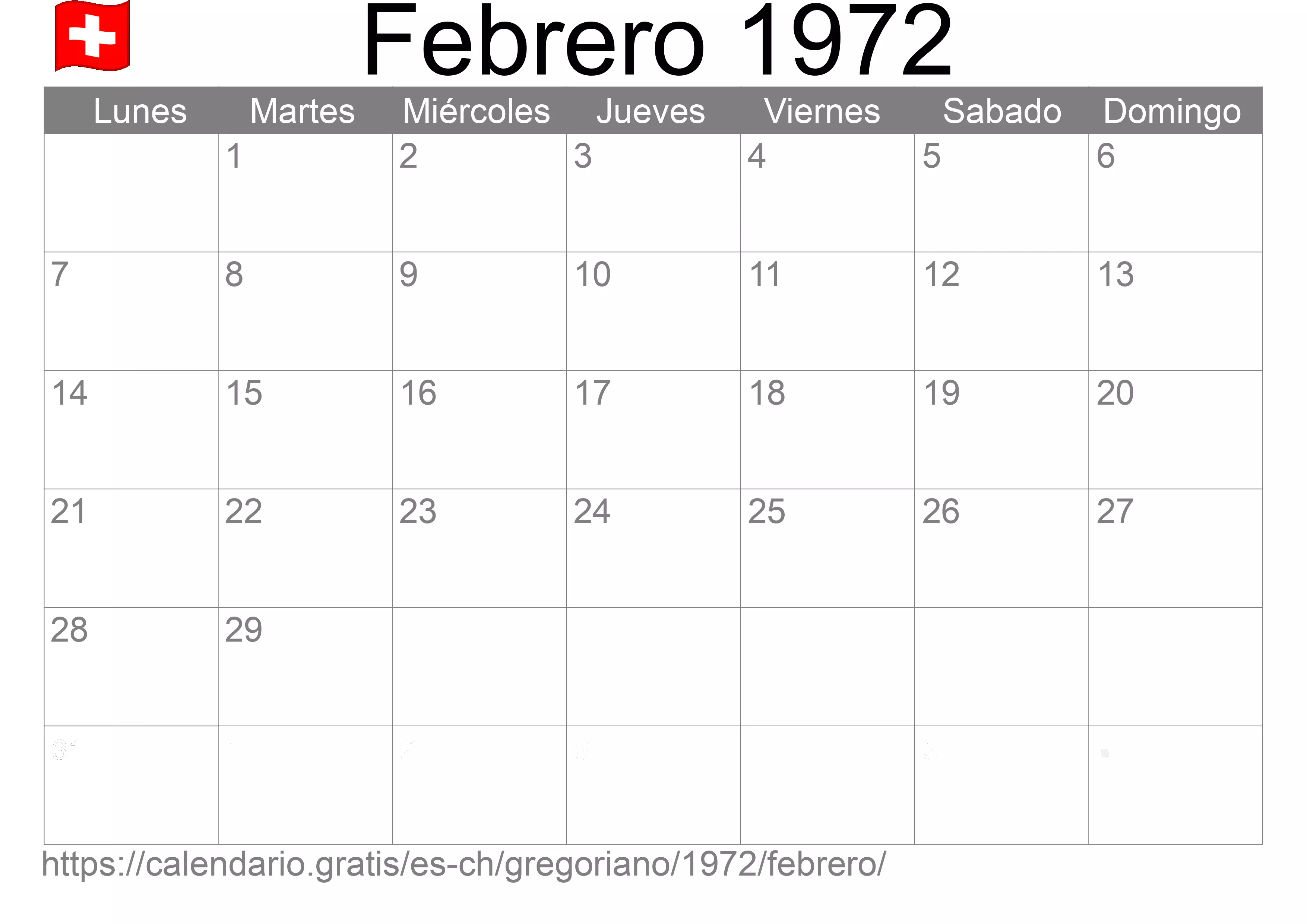 Calendario Febrero 1972 para imprimir (Suiza)