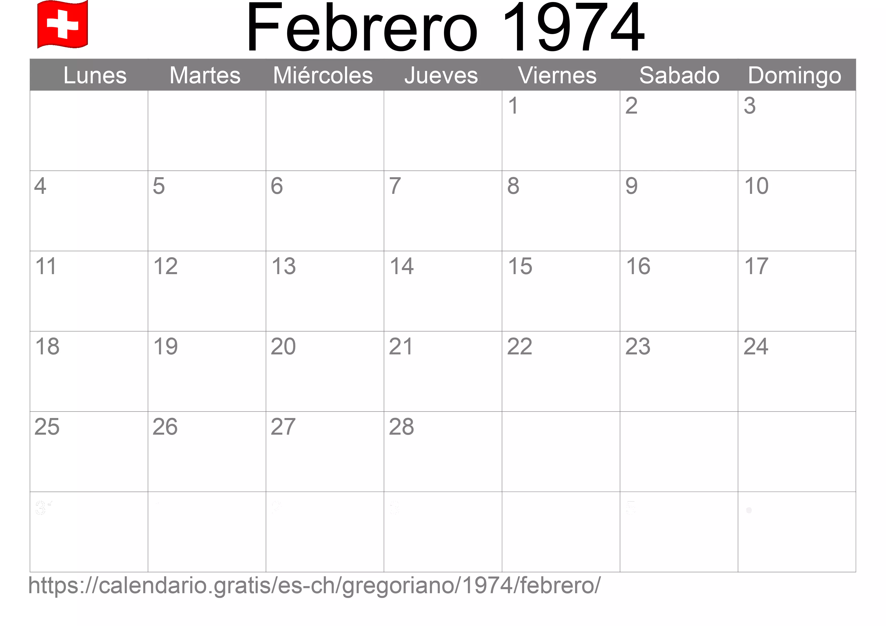 Calendario Febrero 1974 para imprimir (Suiza)