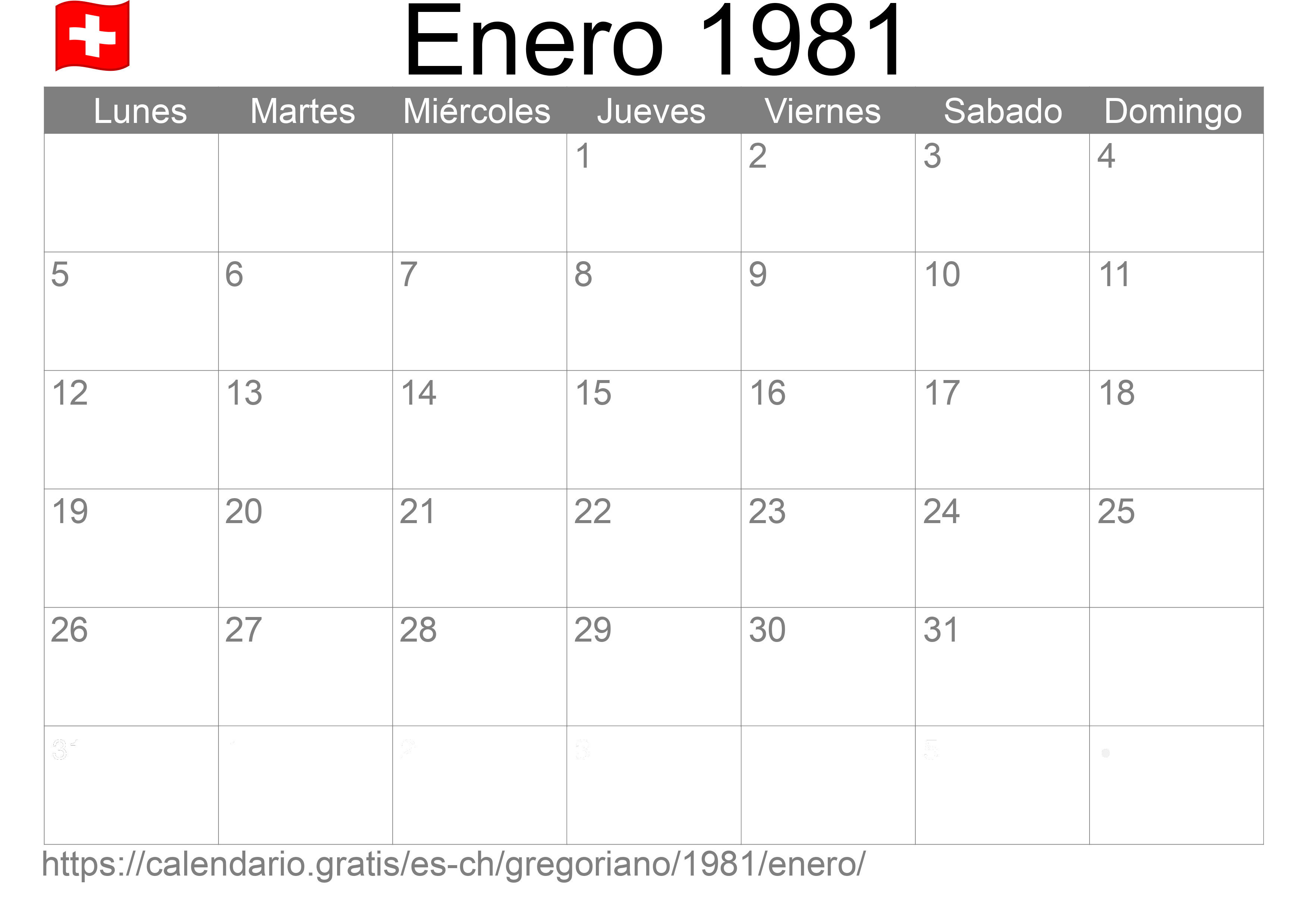 Calendario Enero 1981 para imprimir