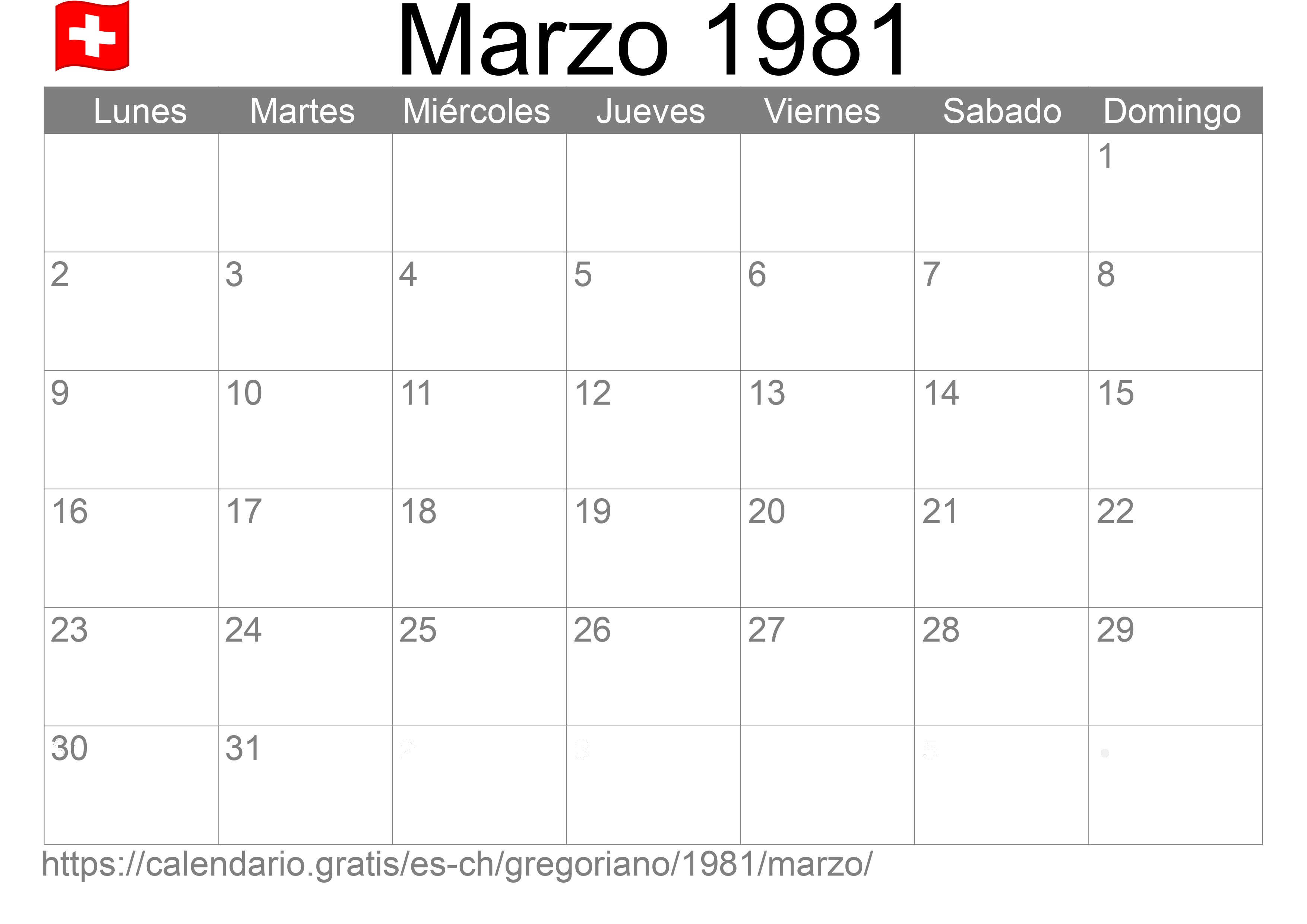 Calendario Marzo 1981 para imprimir